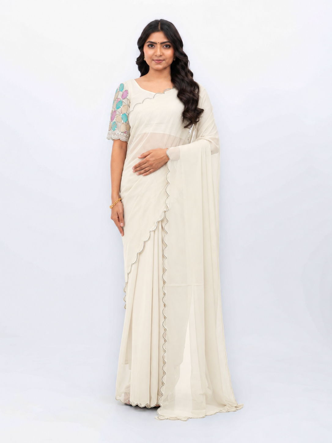 White Georgette Plain Saree