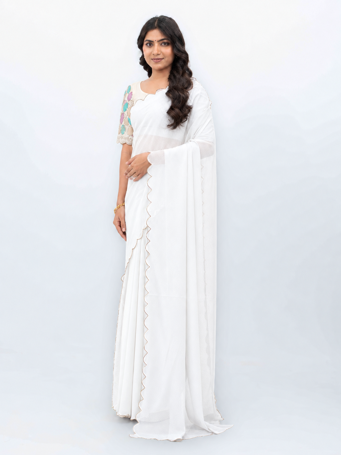 White Georgette Plain Saree