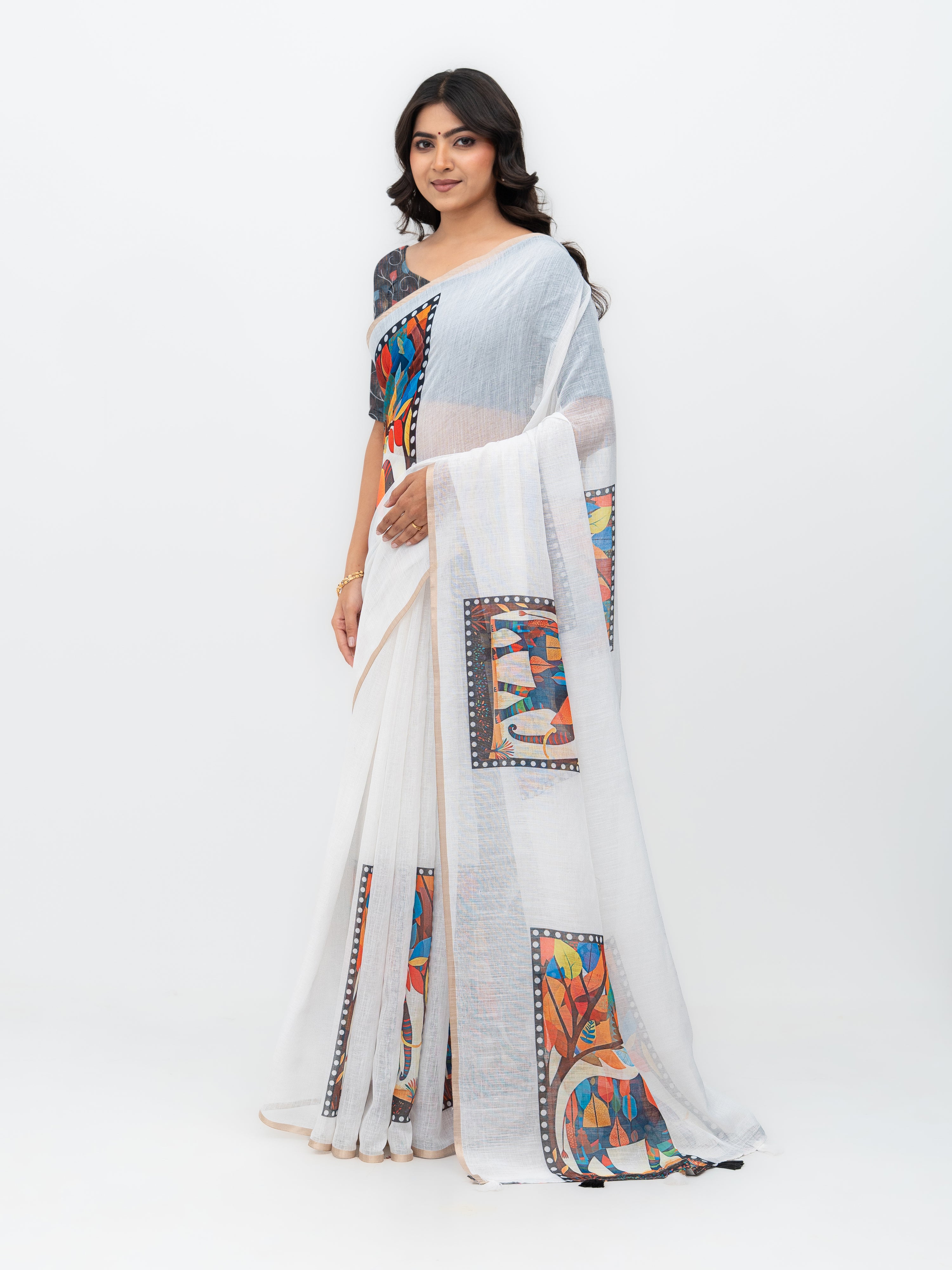 White Cotton Linen Saree