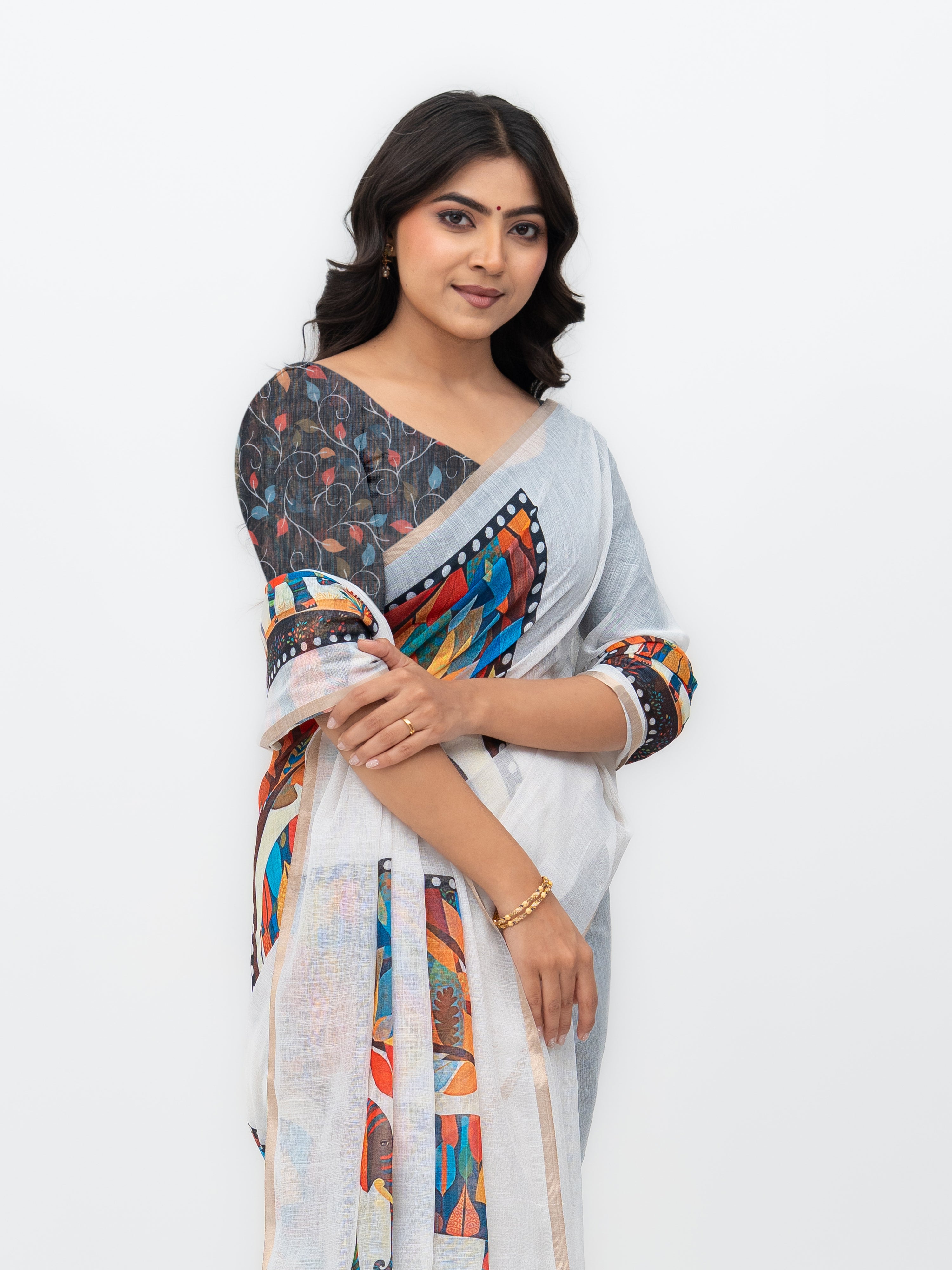 White Cotton Linen Saree