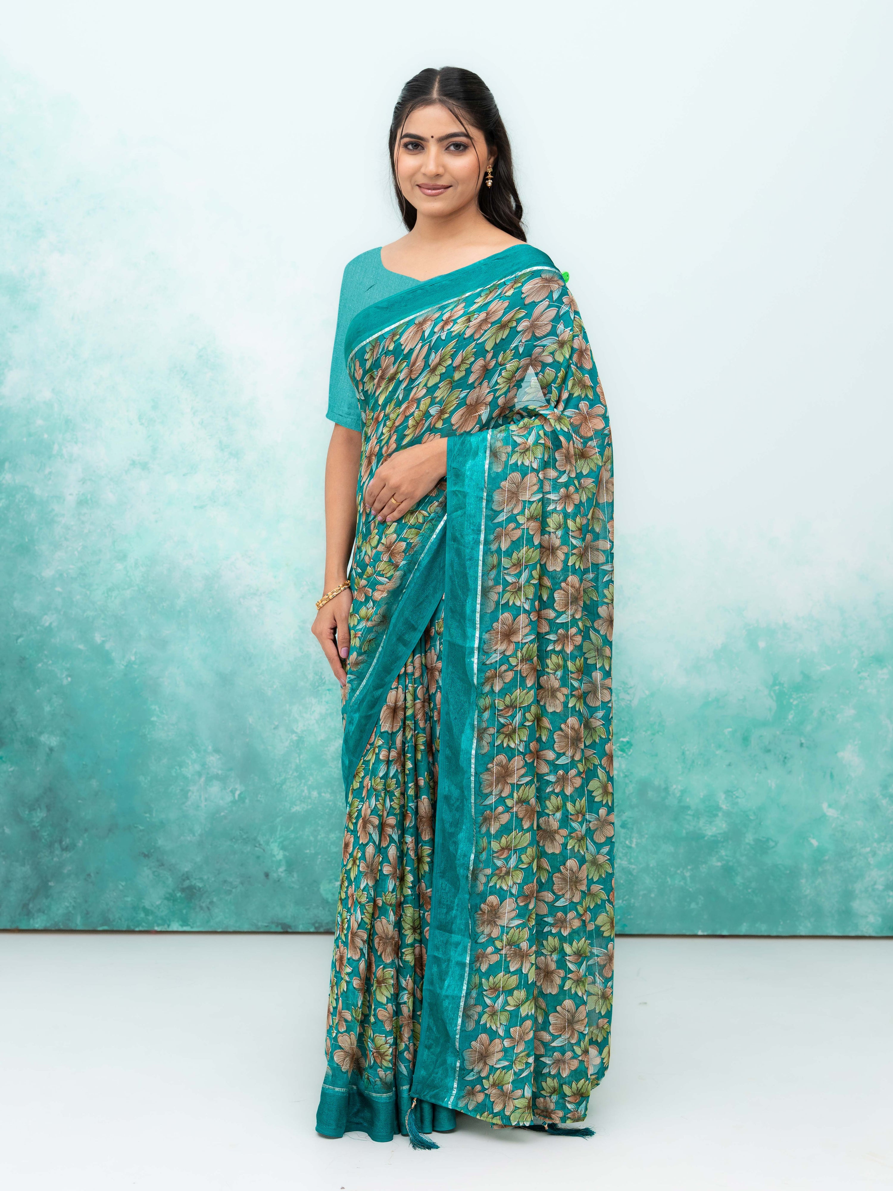 Teal Poly Viscose Saree