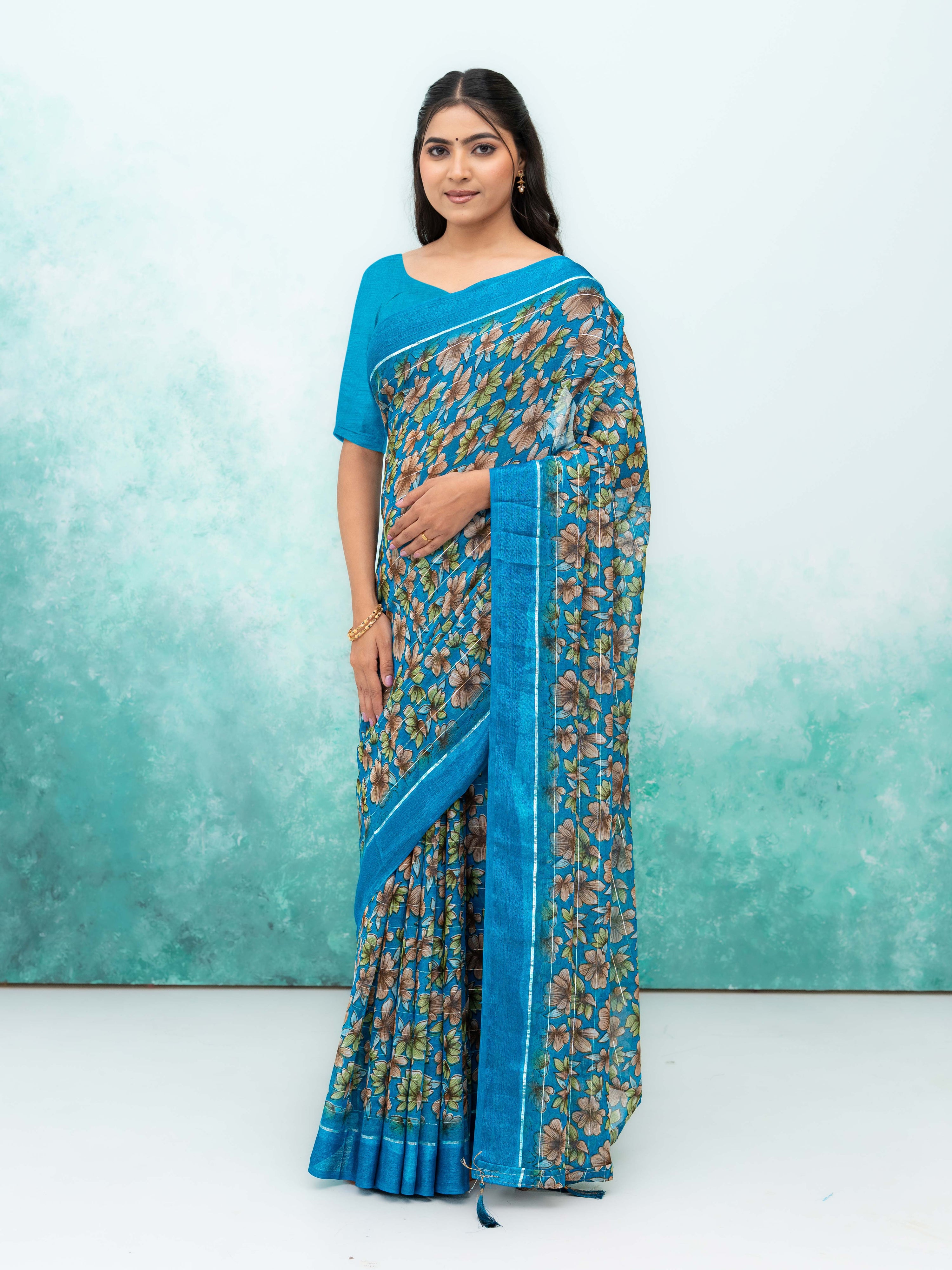 Sky Blue Poly Viscose Saree
