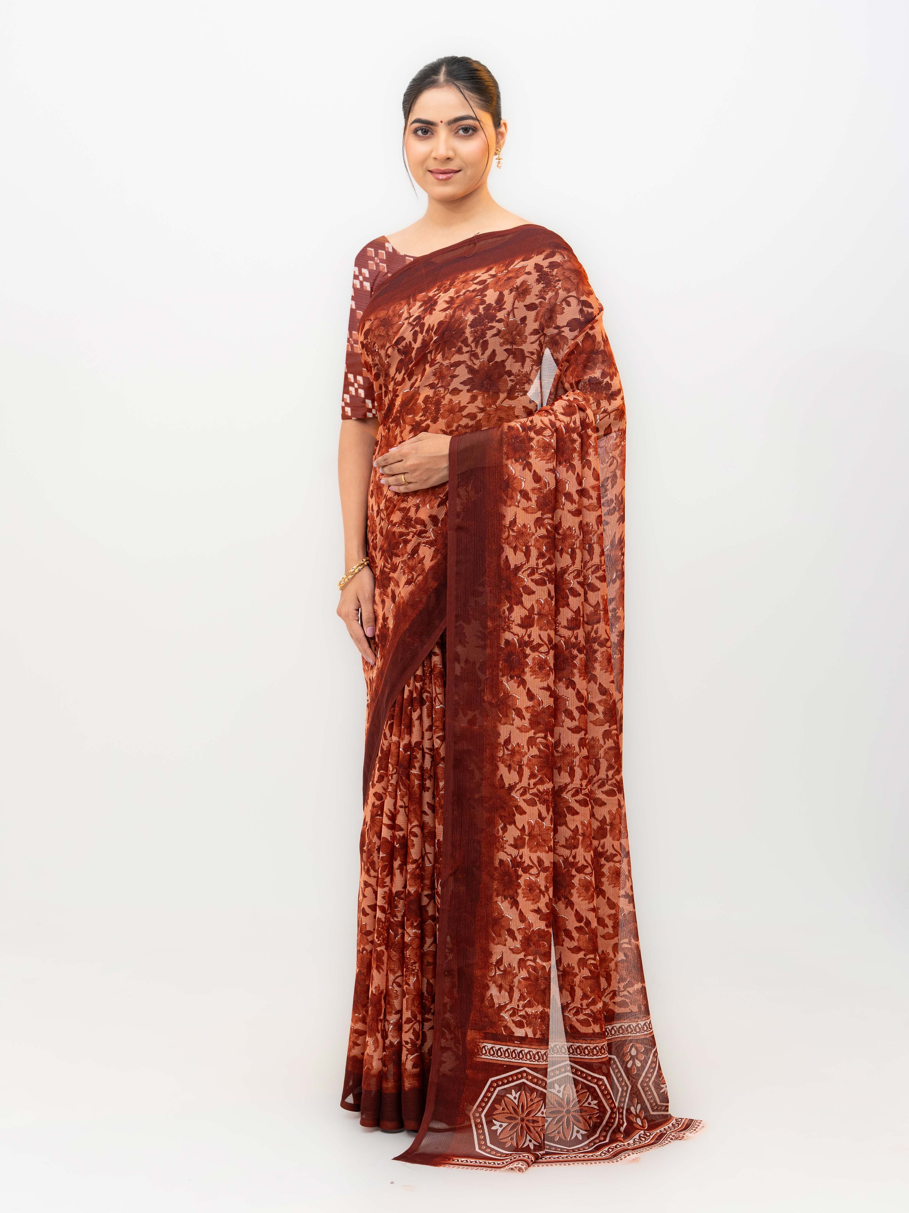 Rust Brown Chiffon Georgette Saree