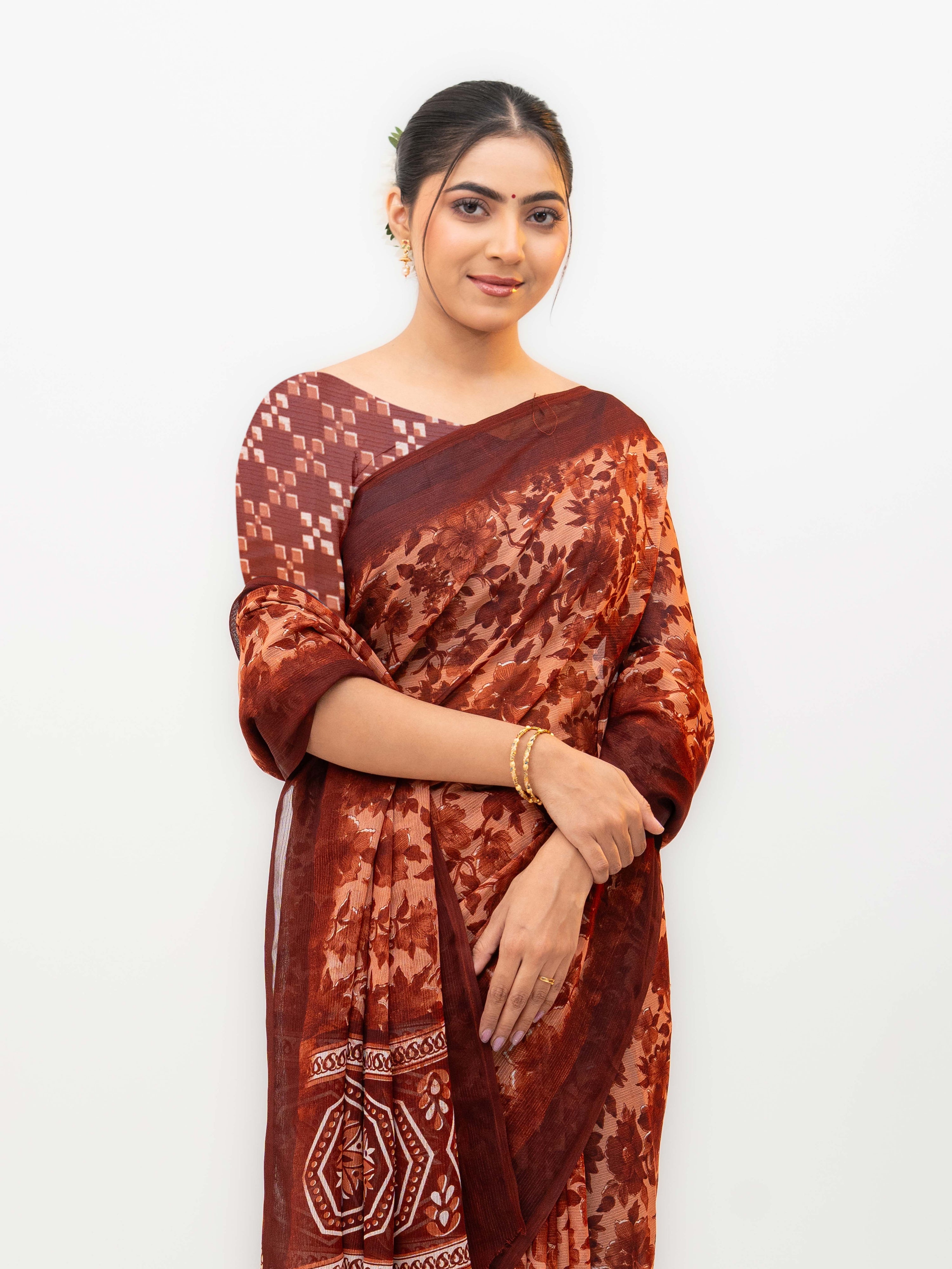 Rust Brown Chiffon Georgette Saree