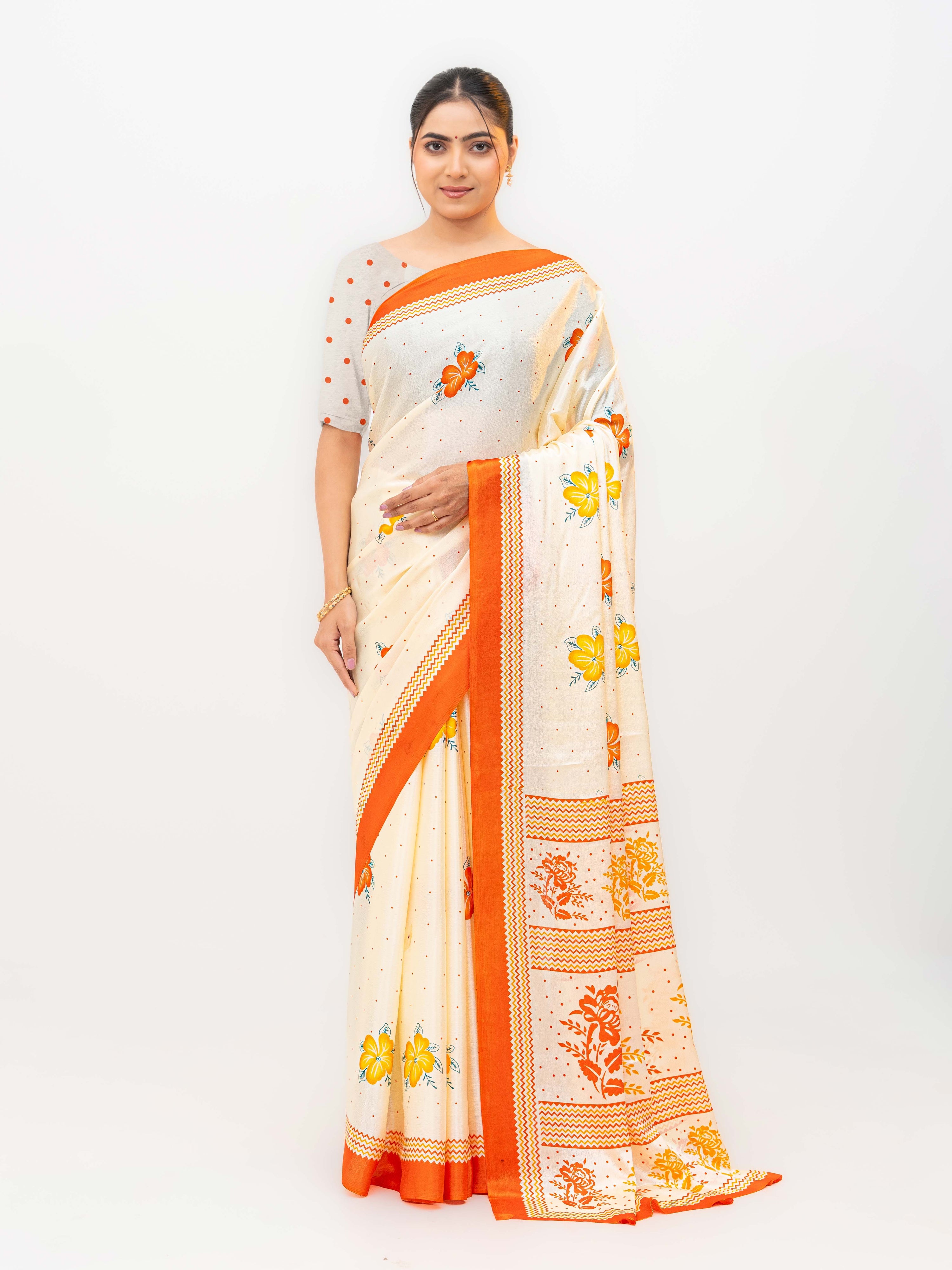 Cream & Orange Turkey Silk Saree
