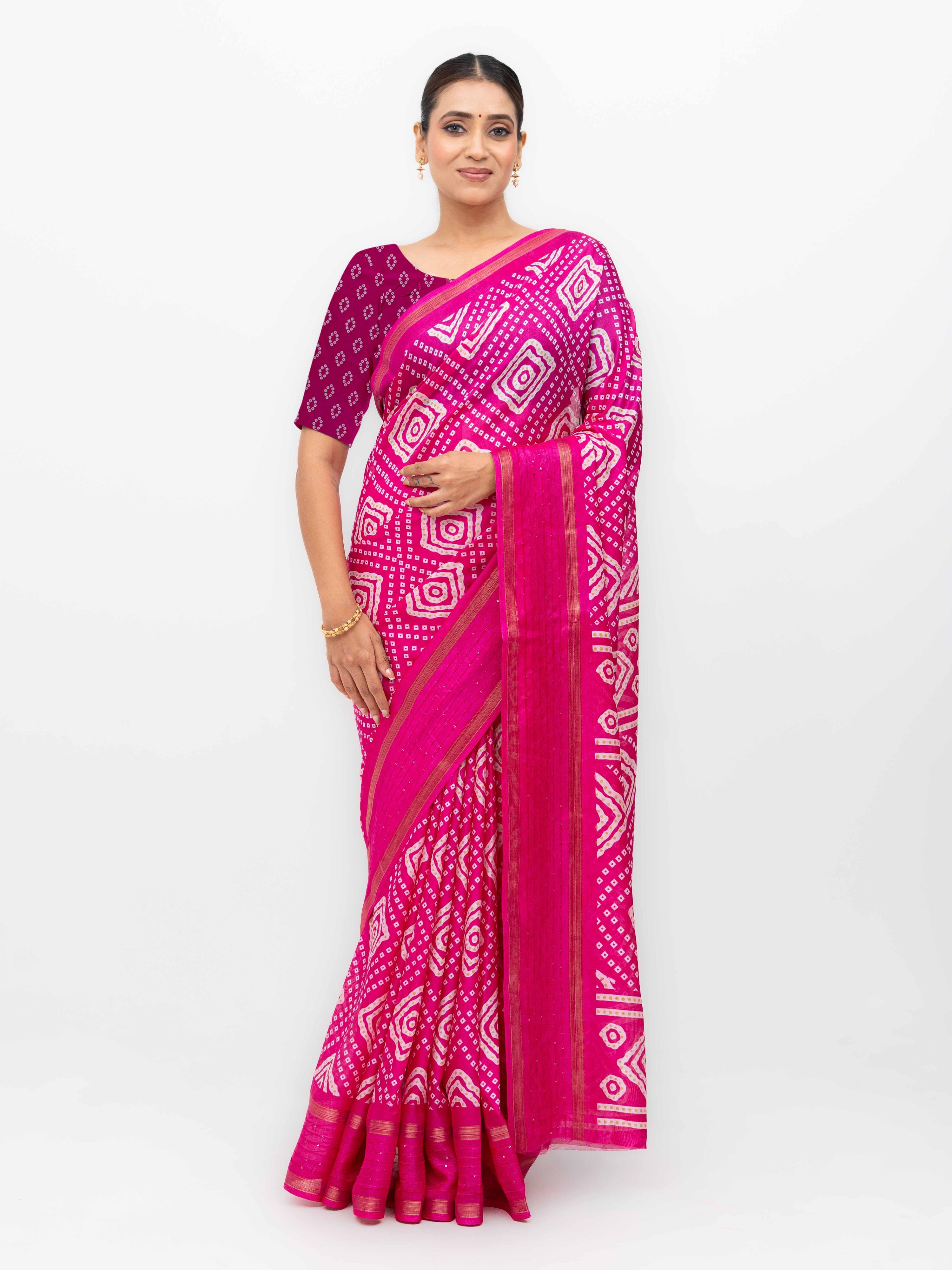 Magenta Pink Viscose Bandhani Saree