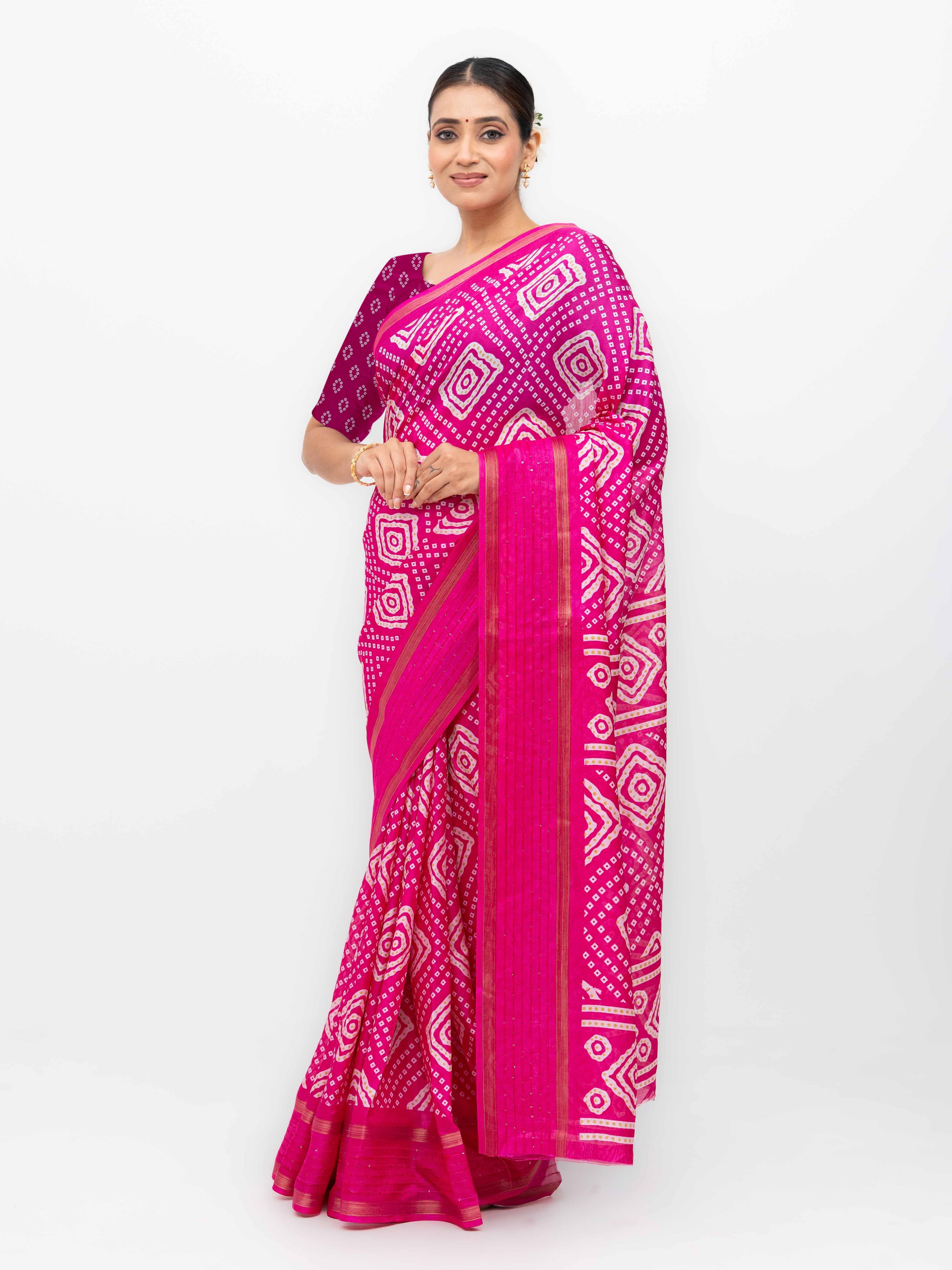 Magenta Pink Viscose Bandhani Saree
