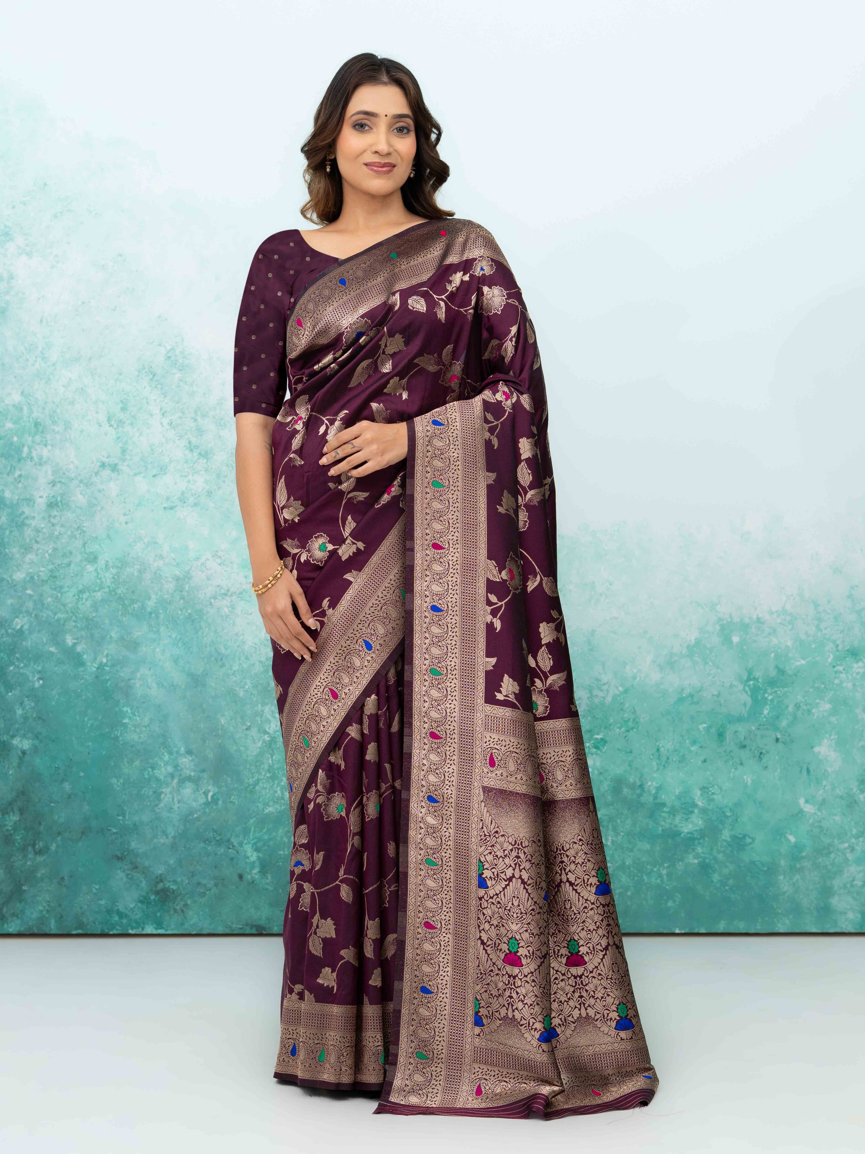 Wine Banarasi Silk Saree