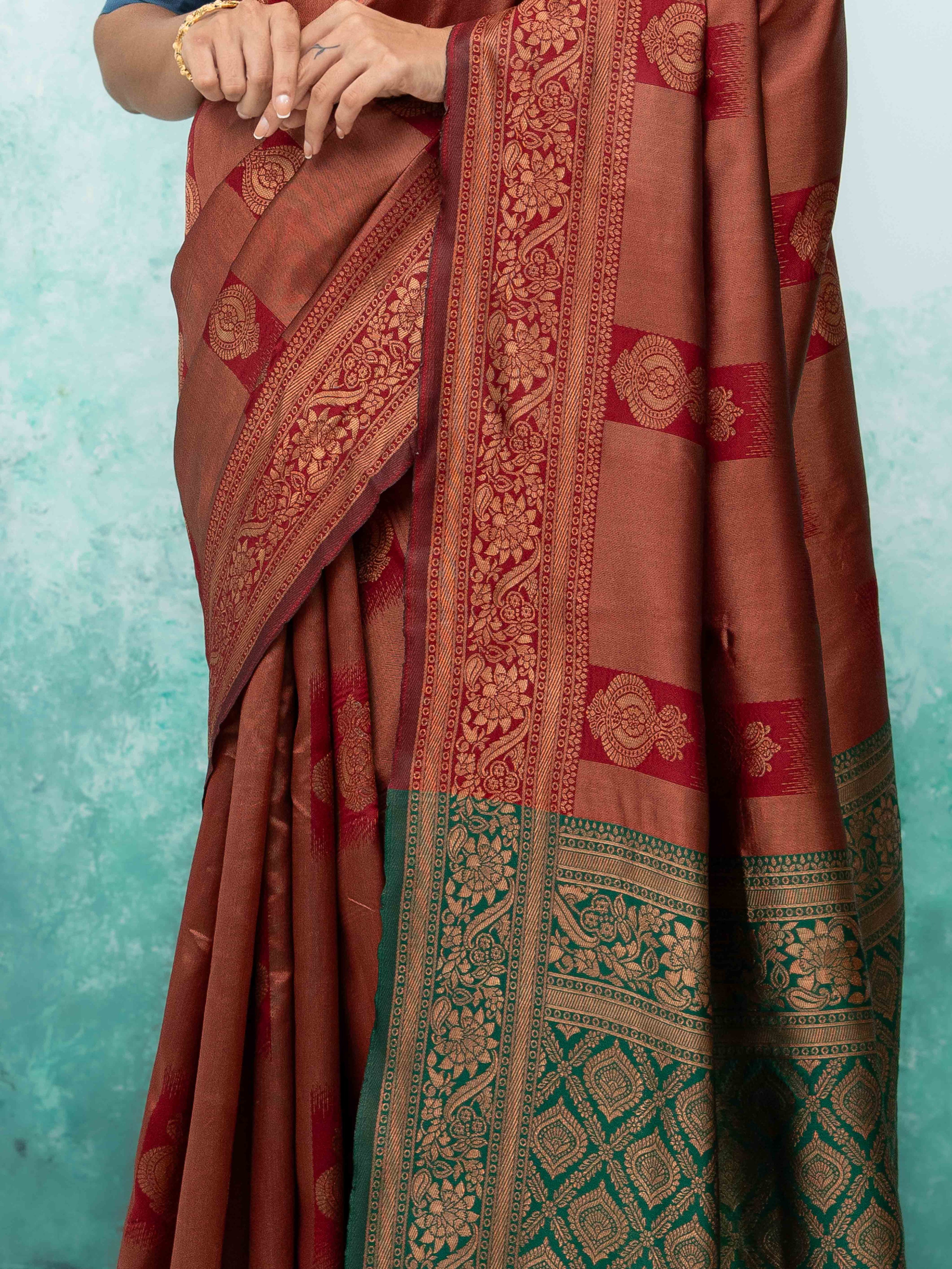 Rust Red Banarasi Lichi Silk Saree