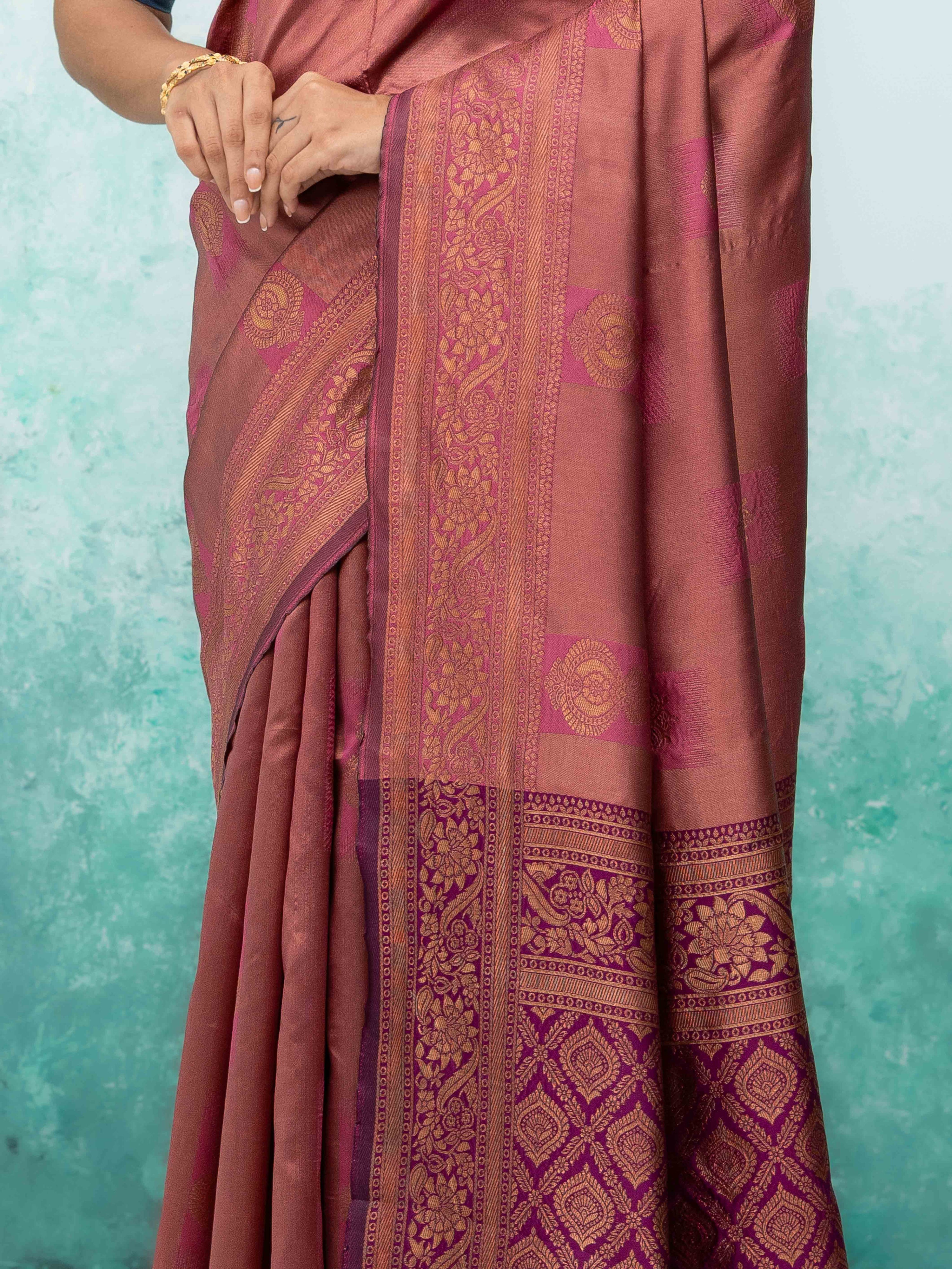 Rose Pink & Purple Banarasi Lichi Silk Saree