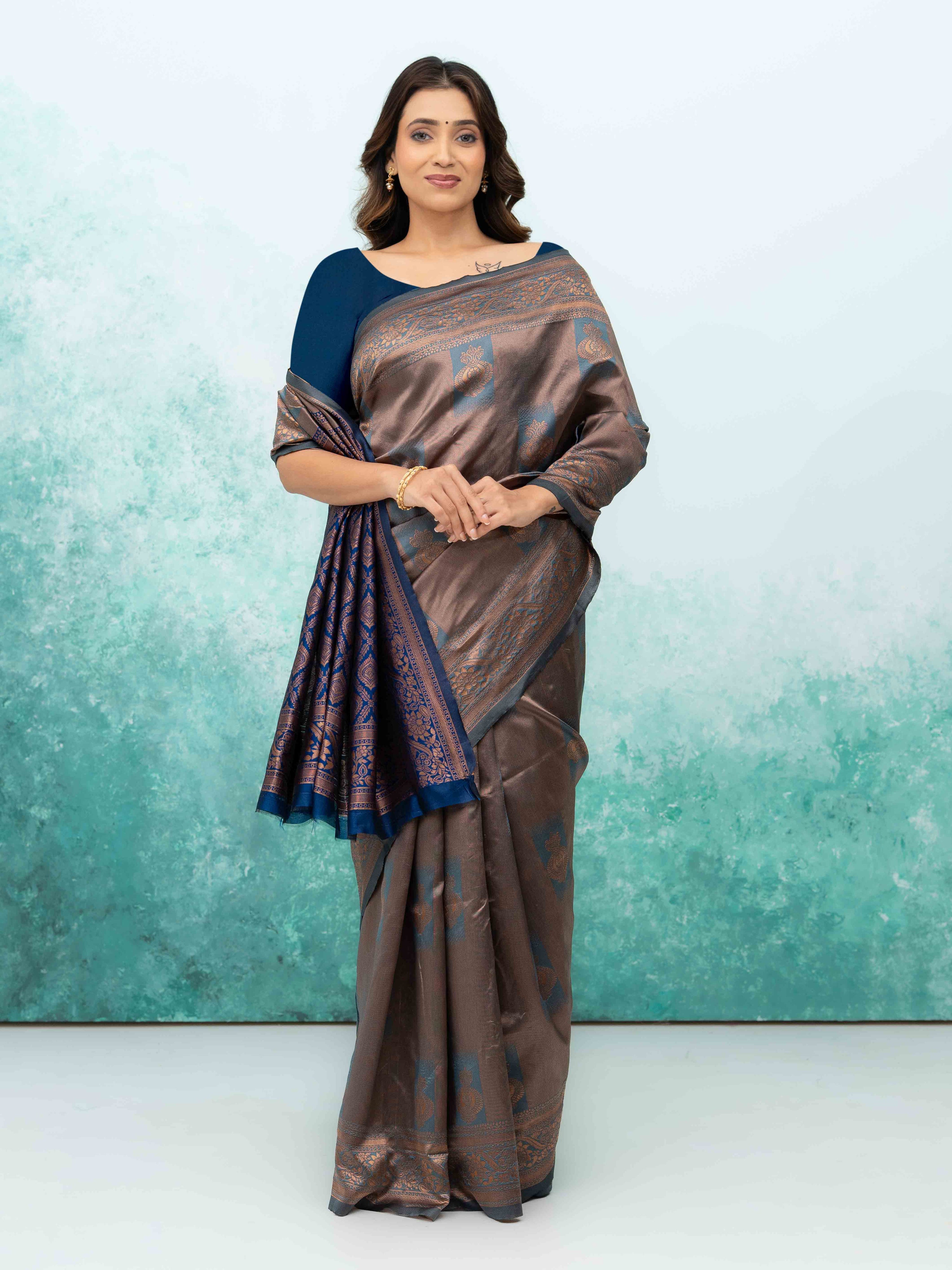 Teal Blue Banarasi Lichi Silk Saree