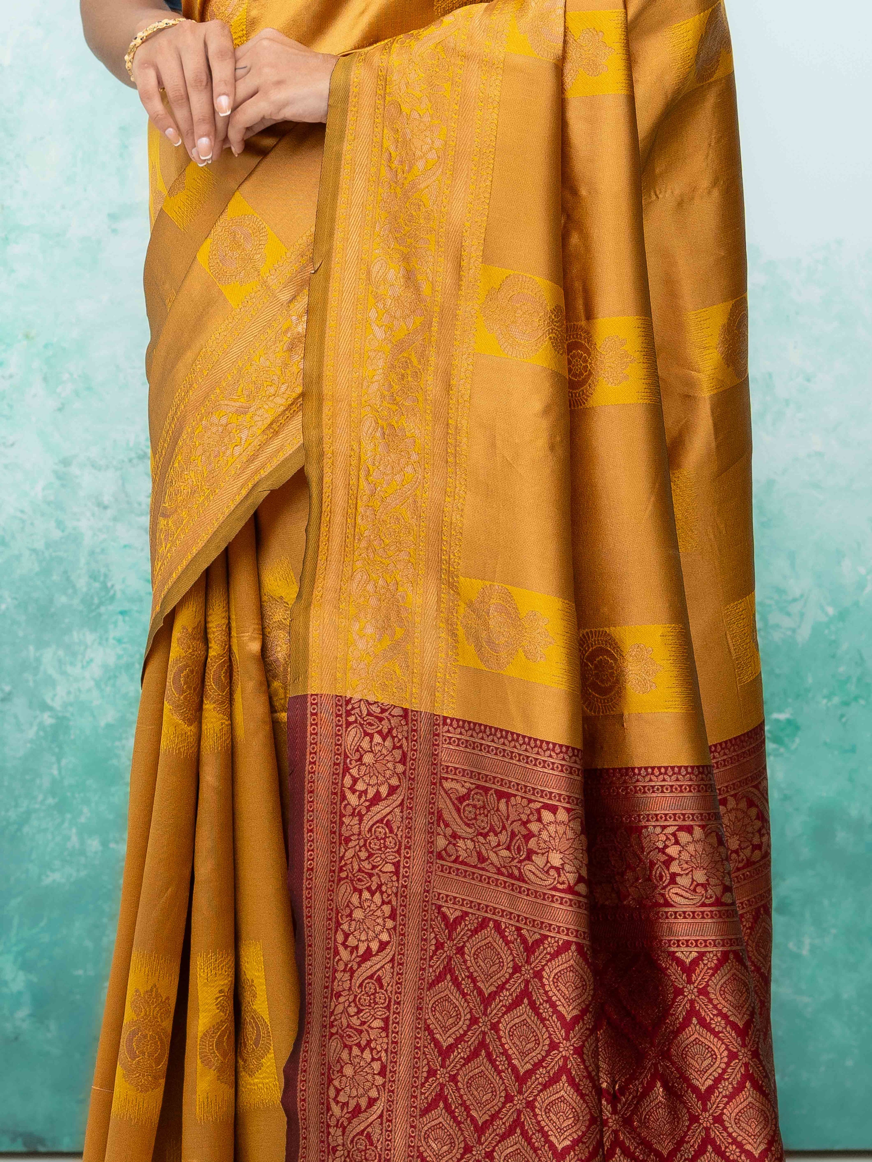 Yellow & Maroon Banarasi Lichi Silk Saree