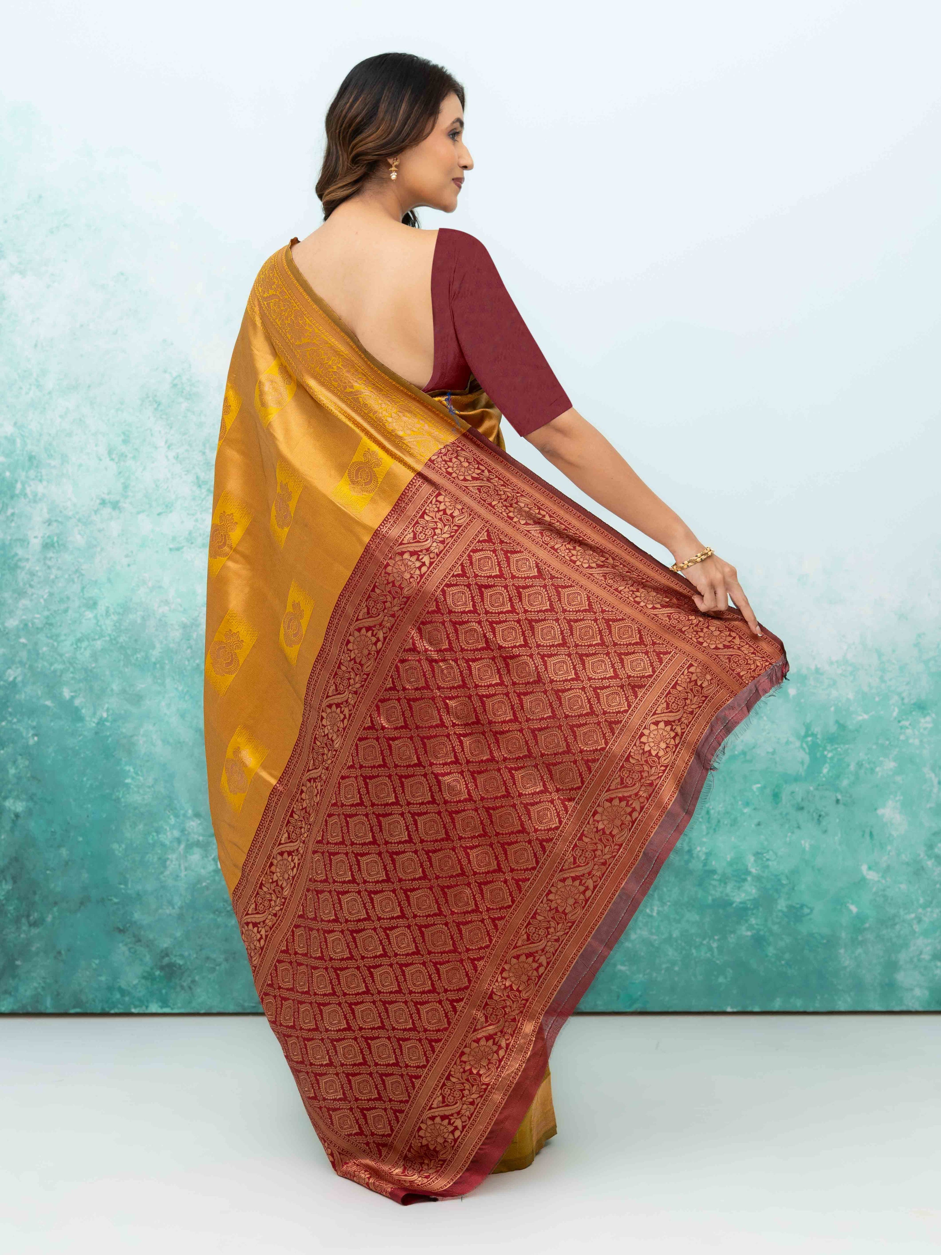 Yellow & Maroon Banarasi Lichi Silk Saree