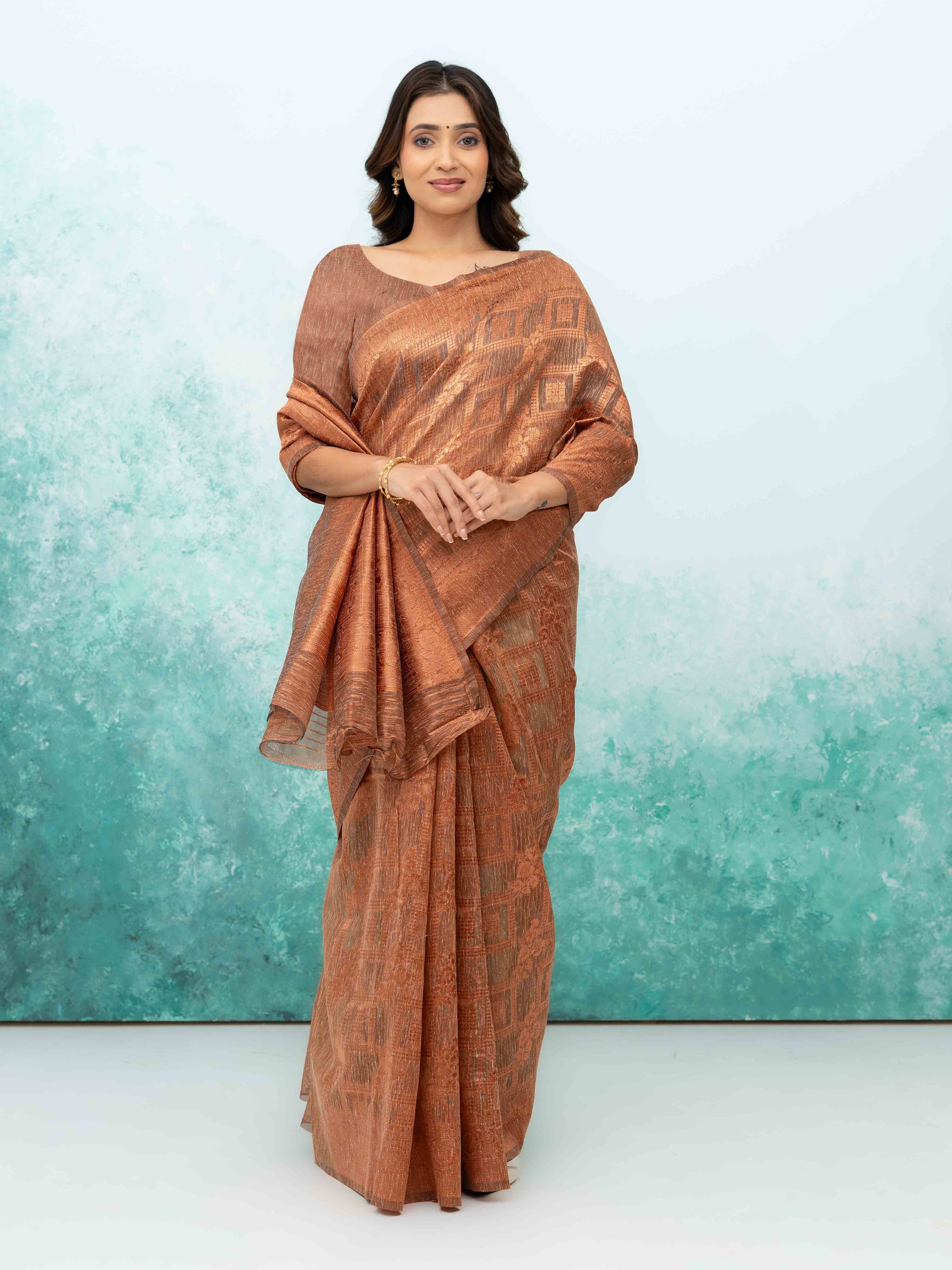 Rust Brown Poly Cotton Saree