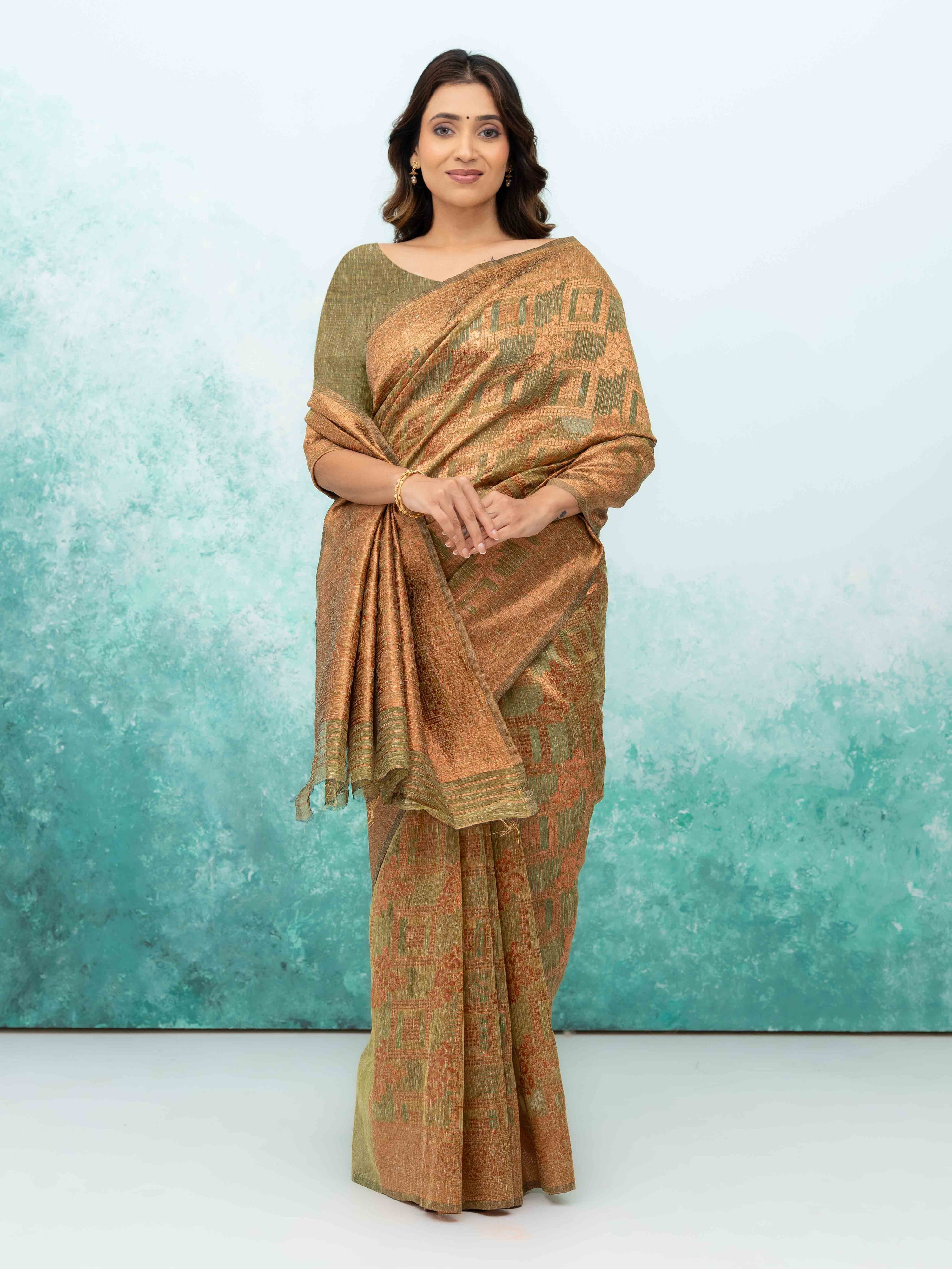 Olive Green Poly Cotton Saree