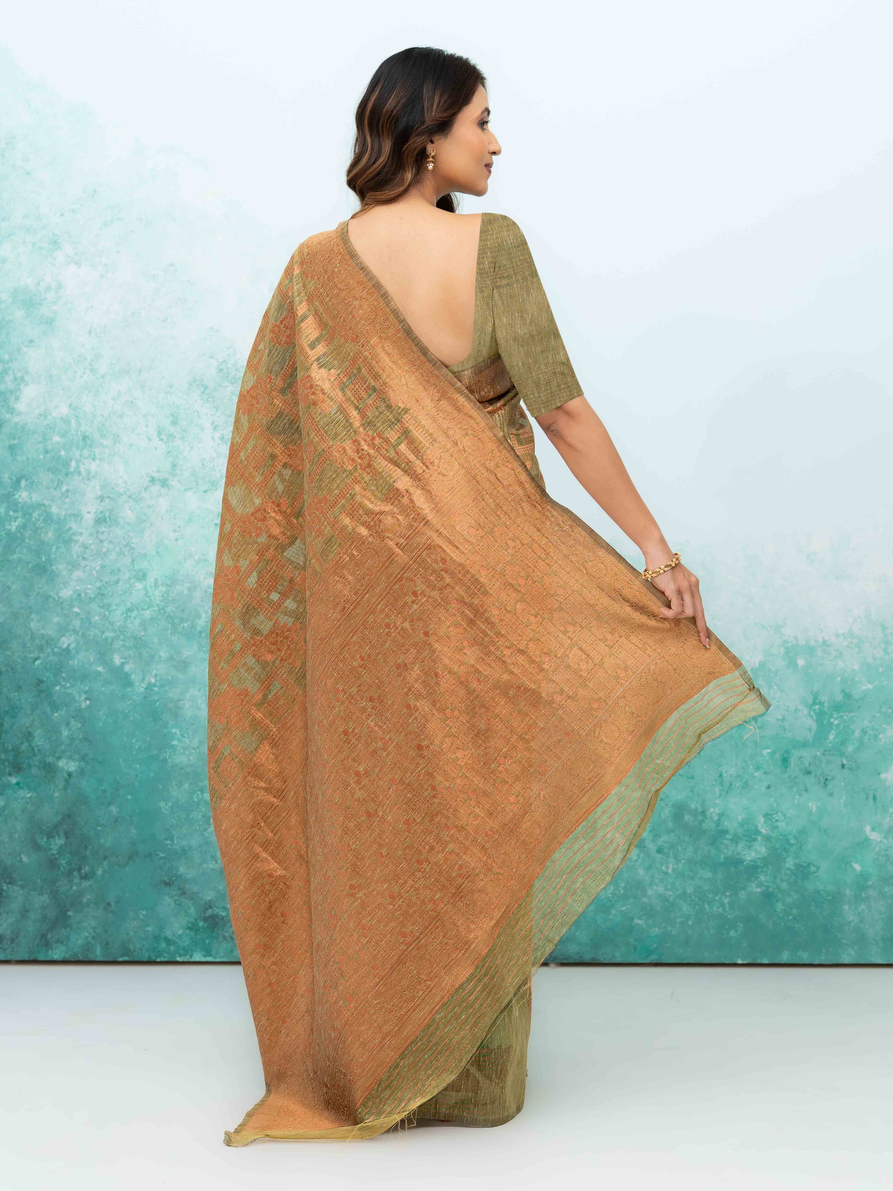 Olive Green Poly Cotton Saree