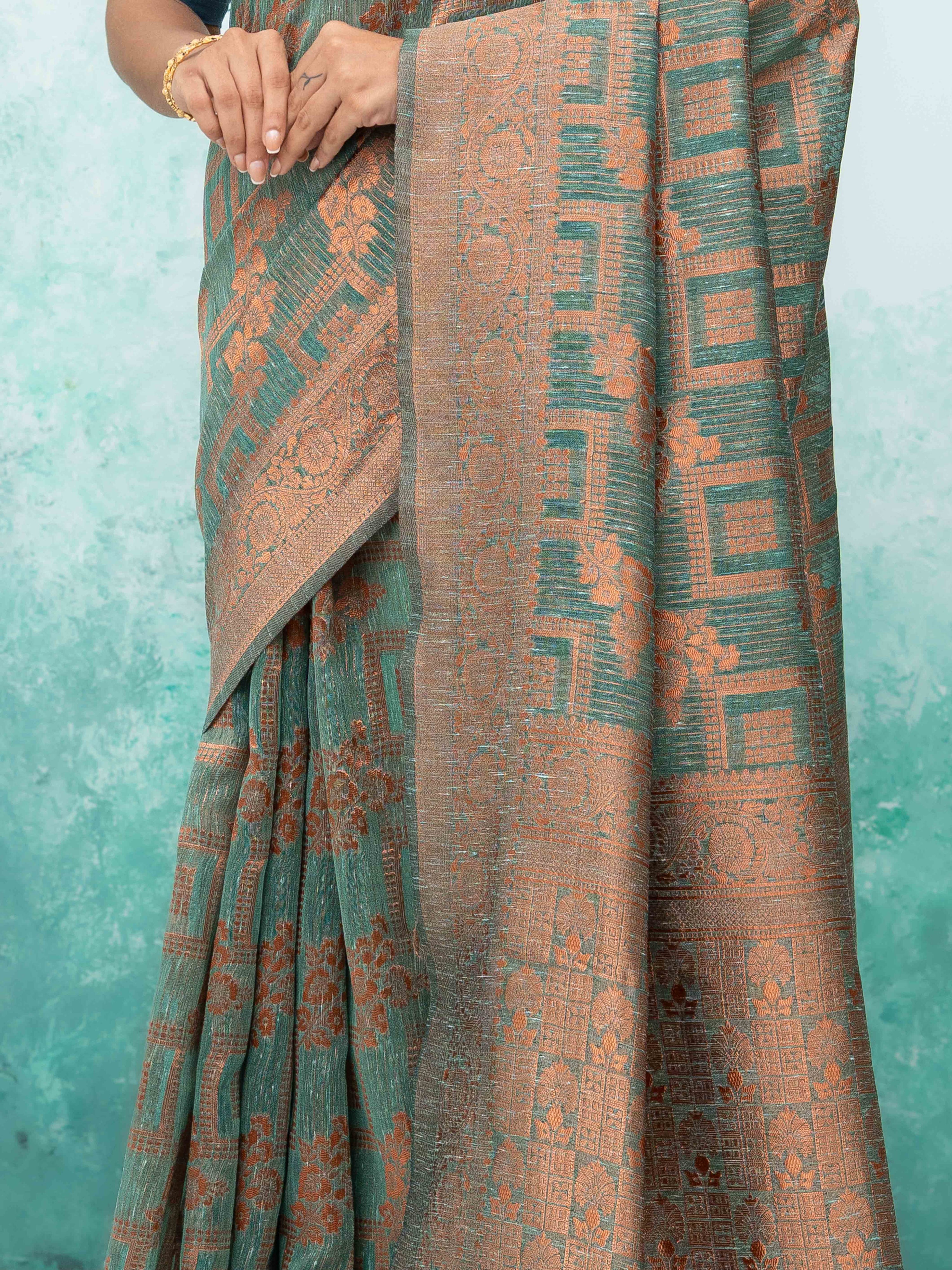 Teal Blue Poly Cotton Saree