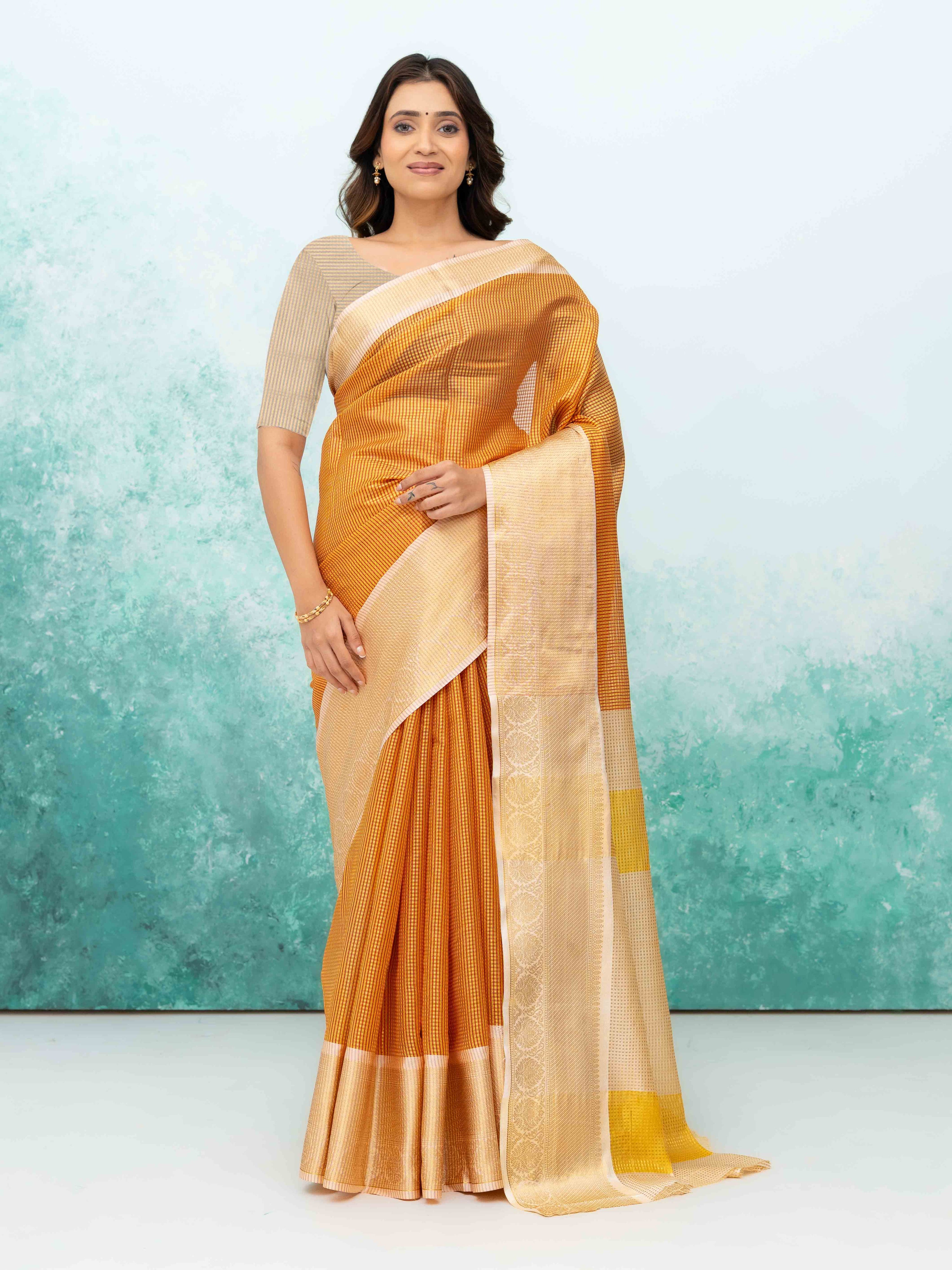 Golden & Red cotton Silk Saree