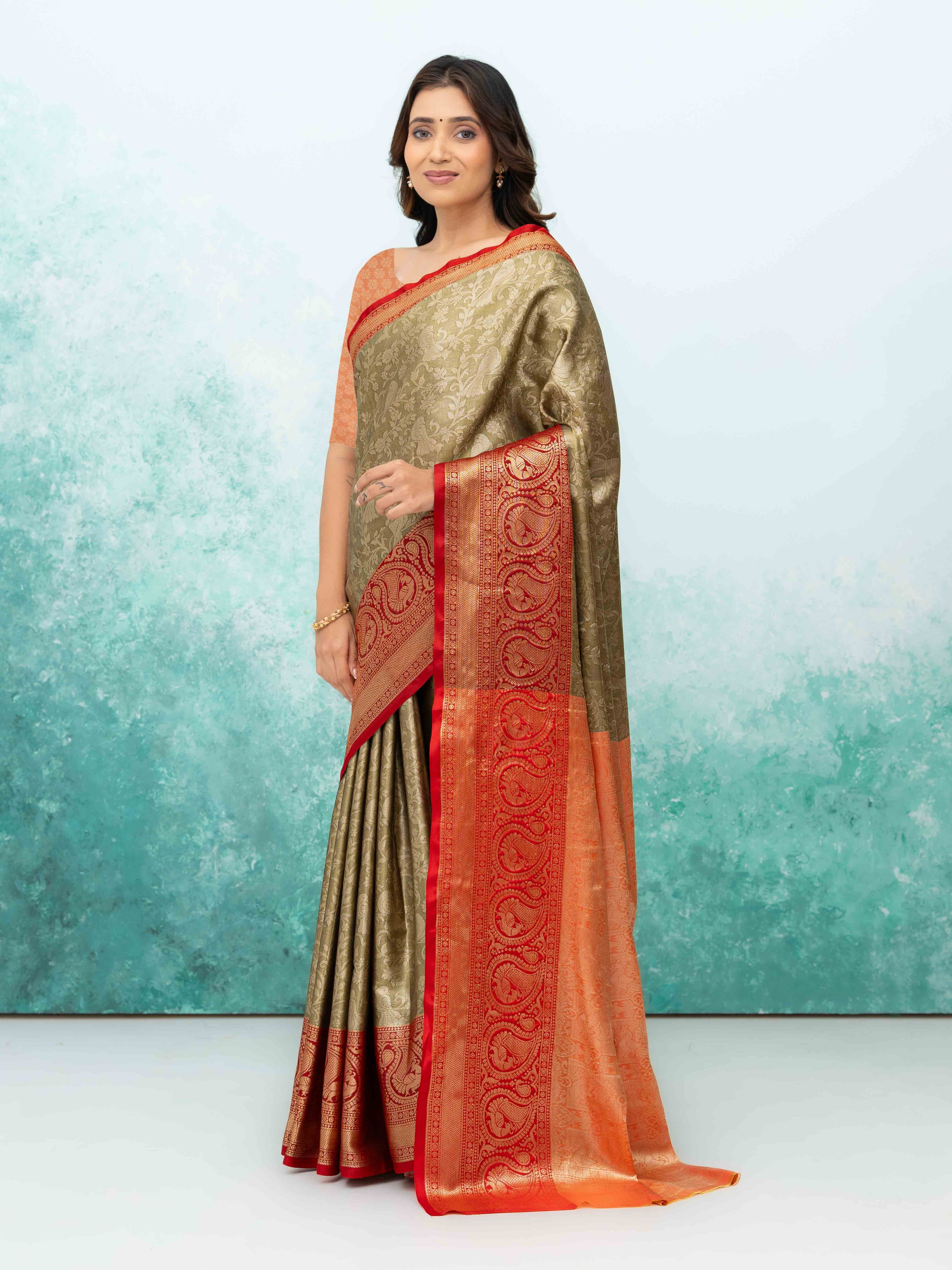 Olive Green & Red Banarasi Lichi Silk Saree