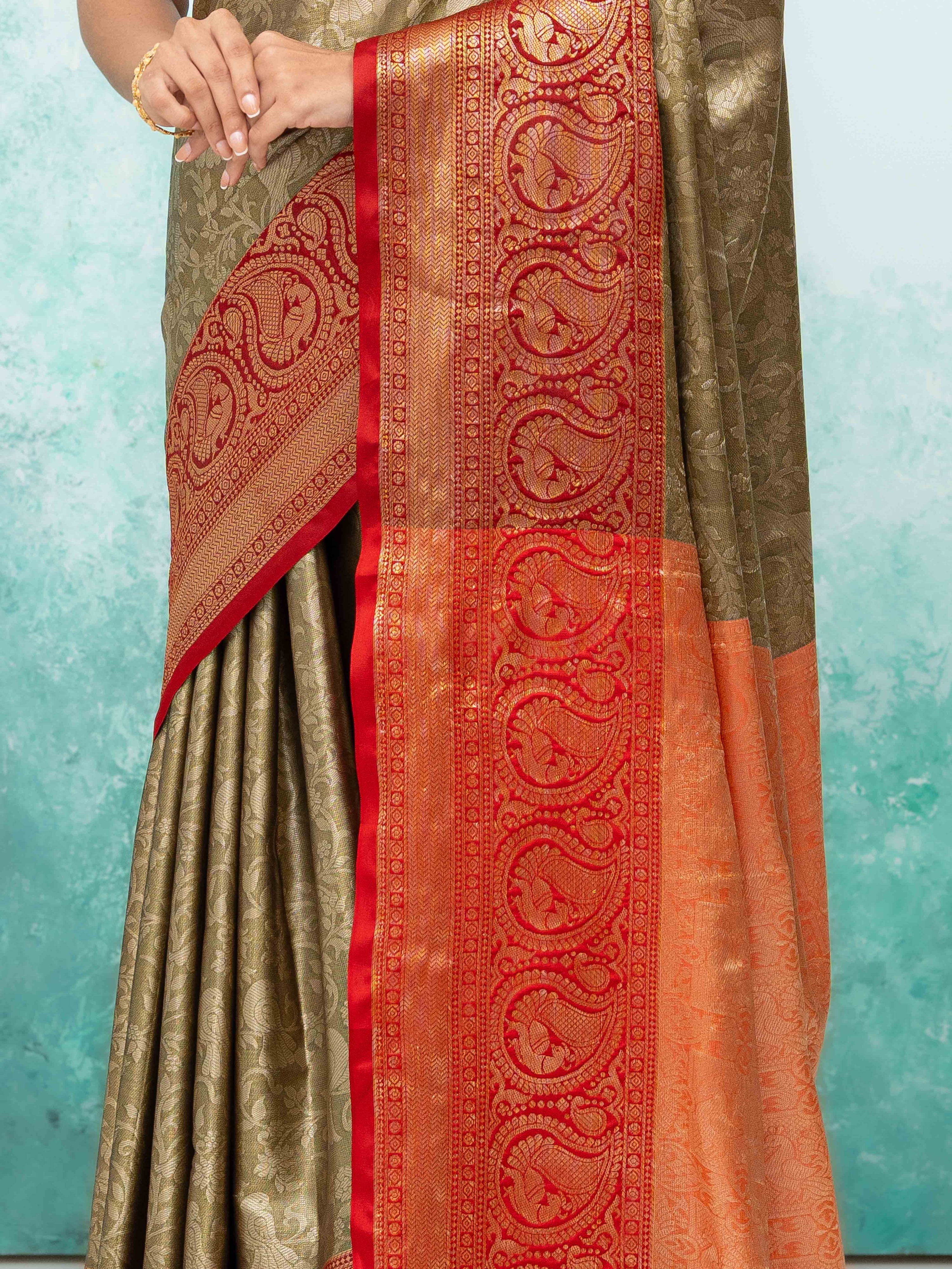 Olive Green & Red Banarasi Lichi Silk Saree
