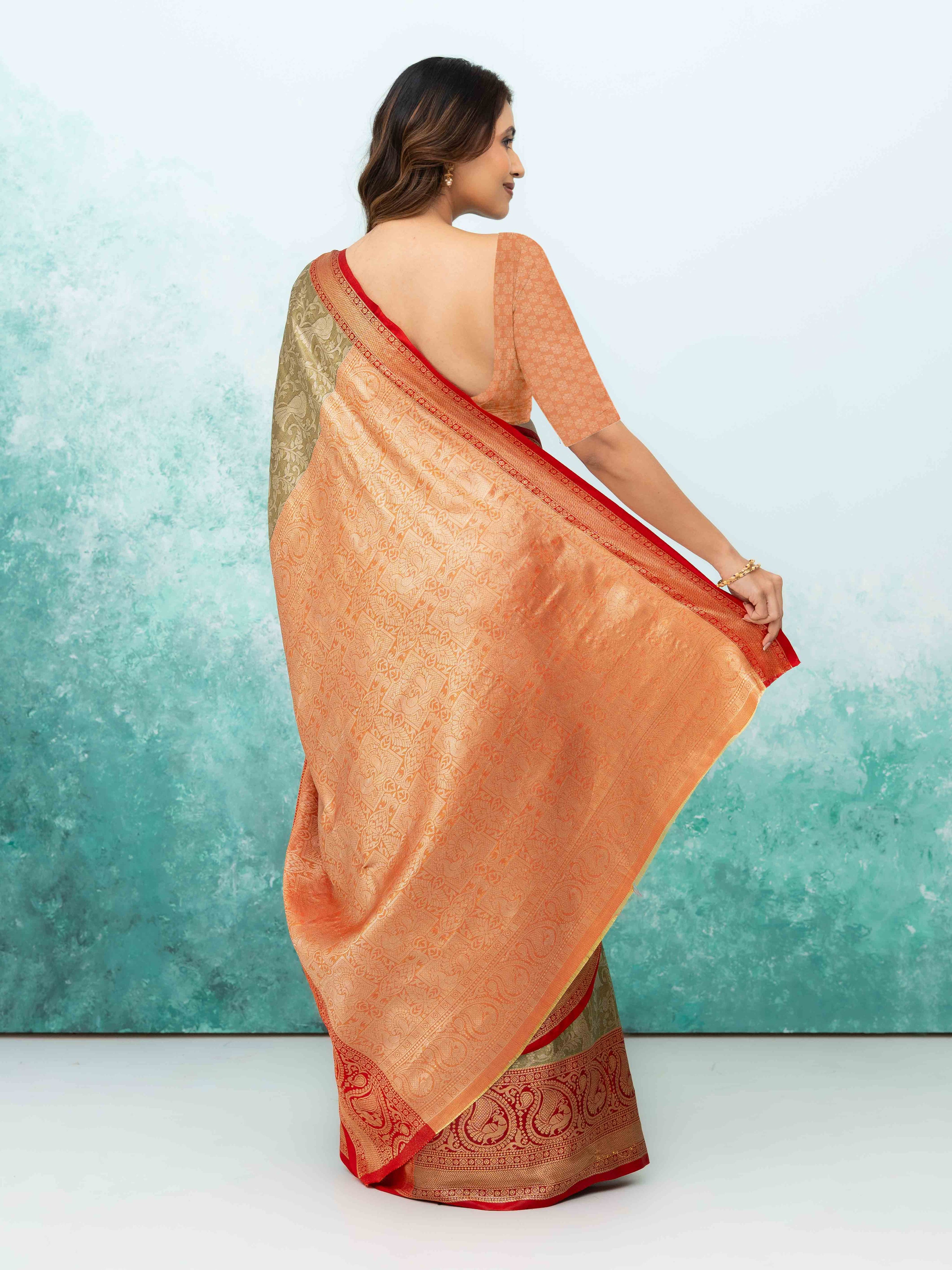 Olive Green & Red Banarasi Lichi Silk Saree