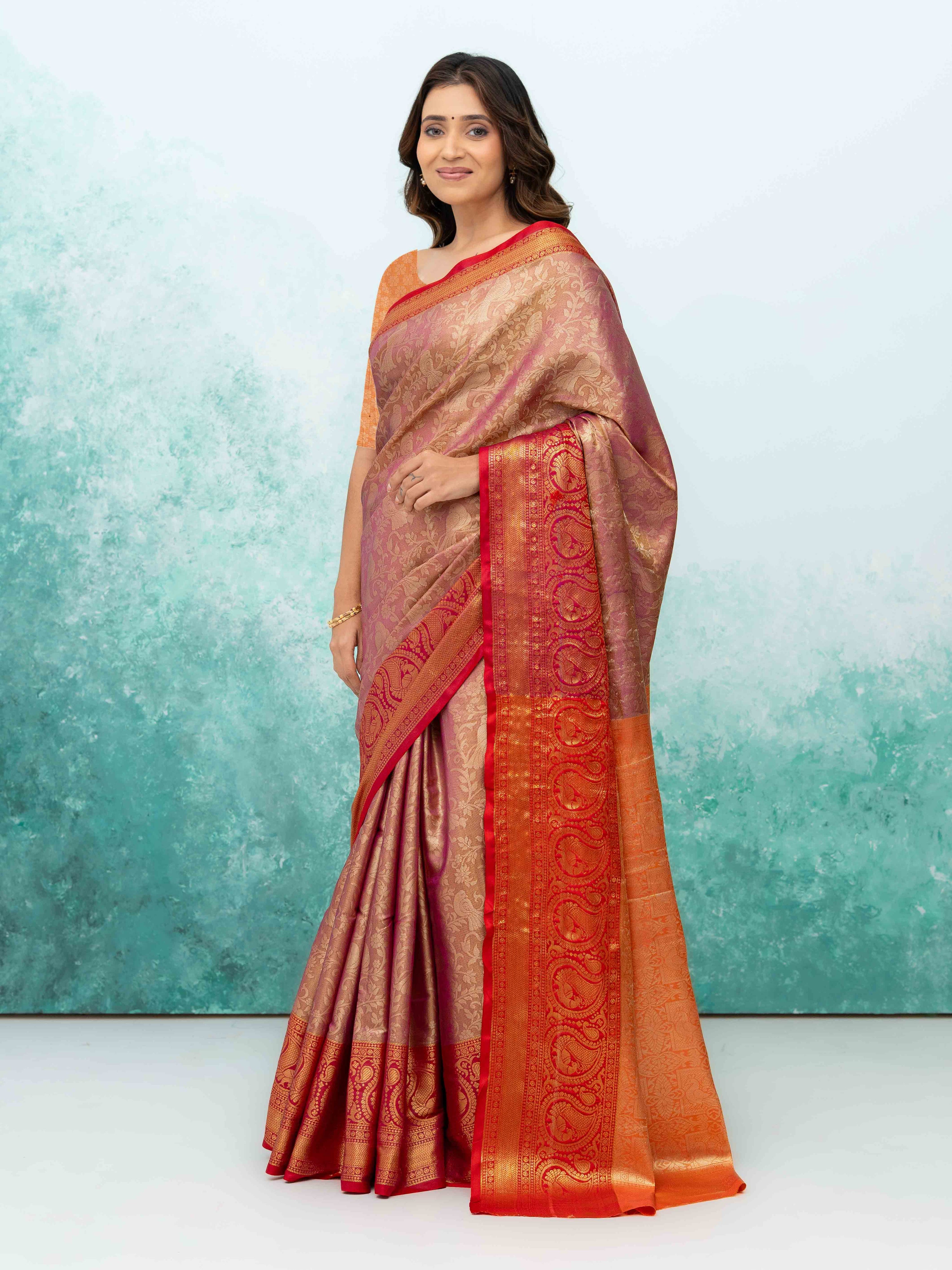 Pink & Red Banarasi Lichi Silk Saree