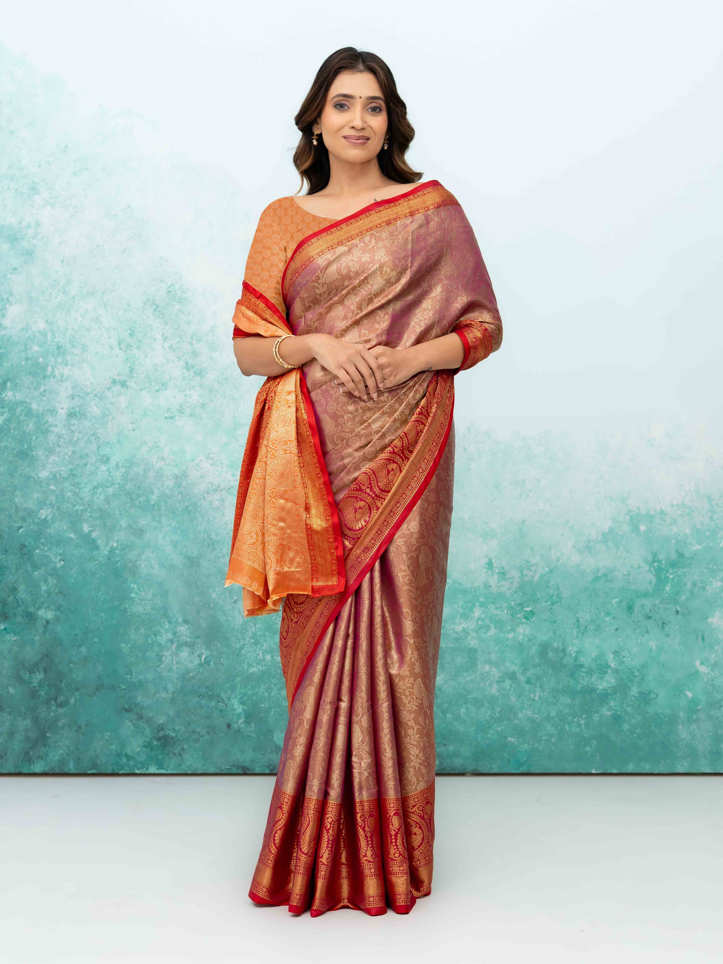 Pink & Red Banarasi Lichi Silk Saree