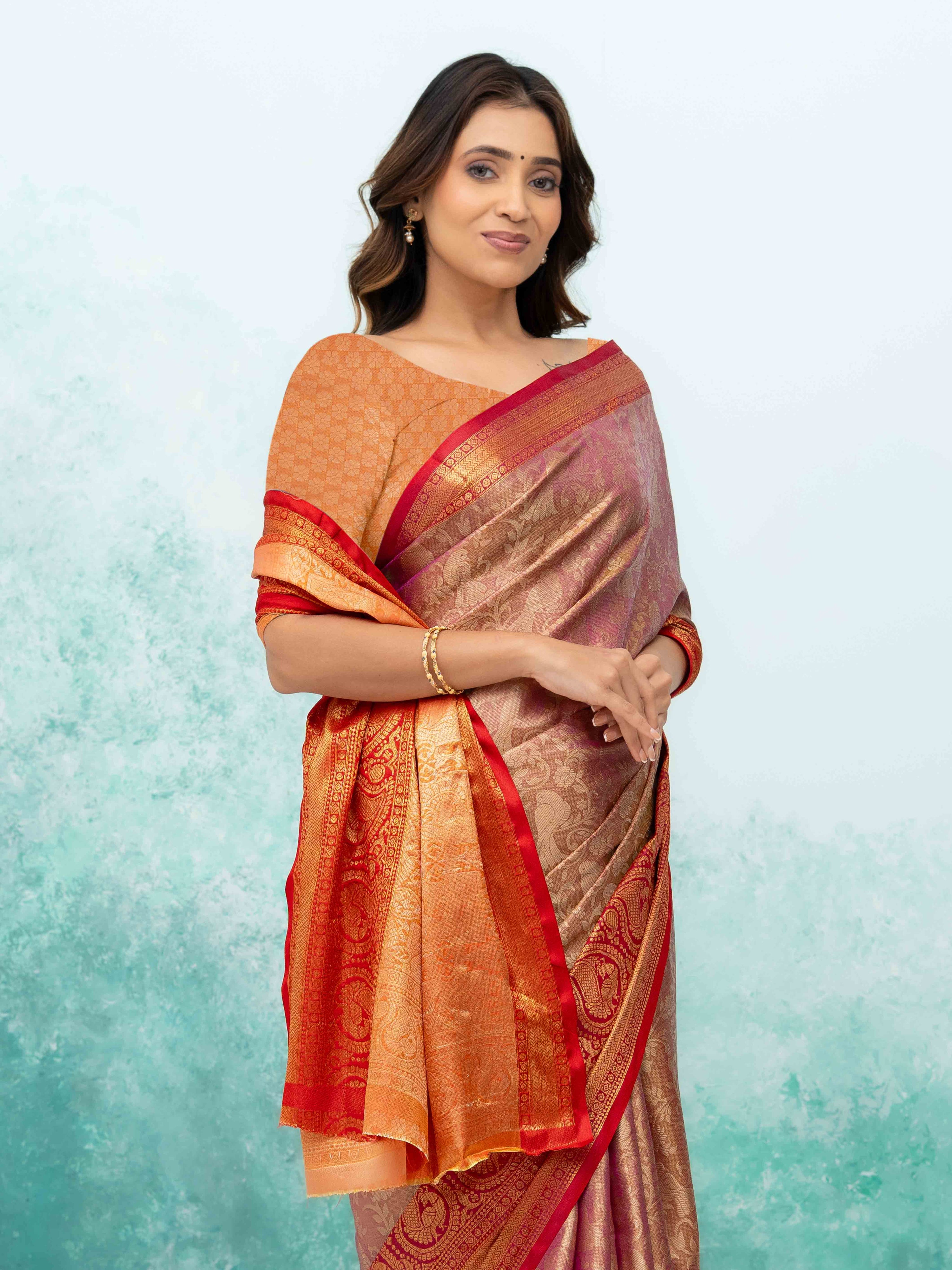 Pink & Red Banarasi Lichi Silk Saree