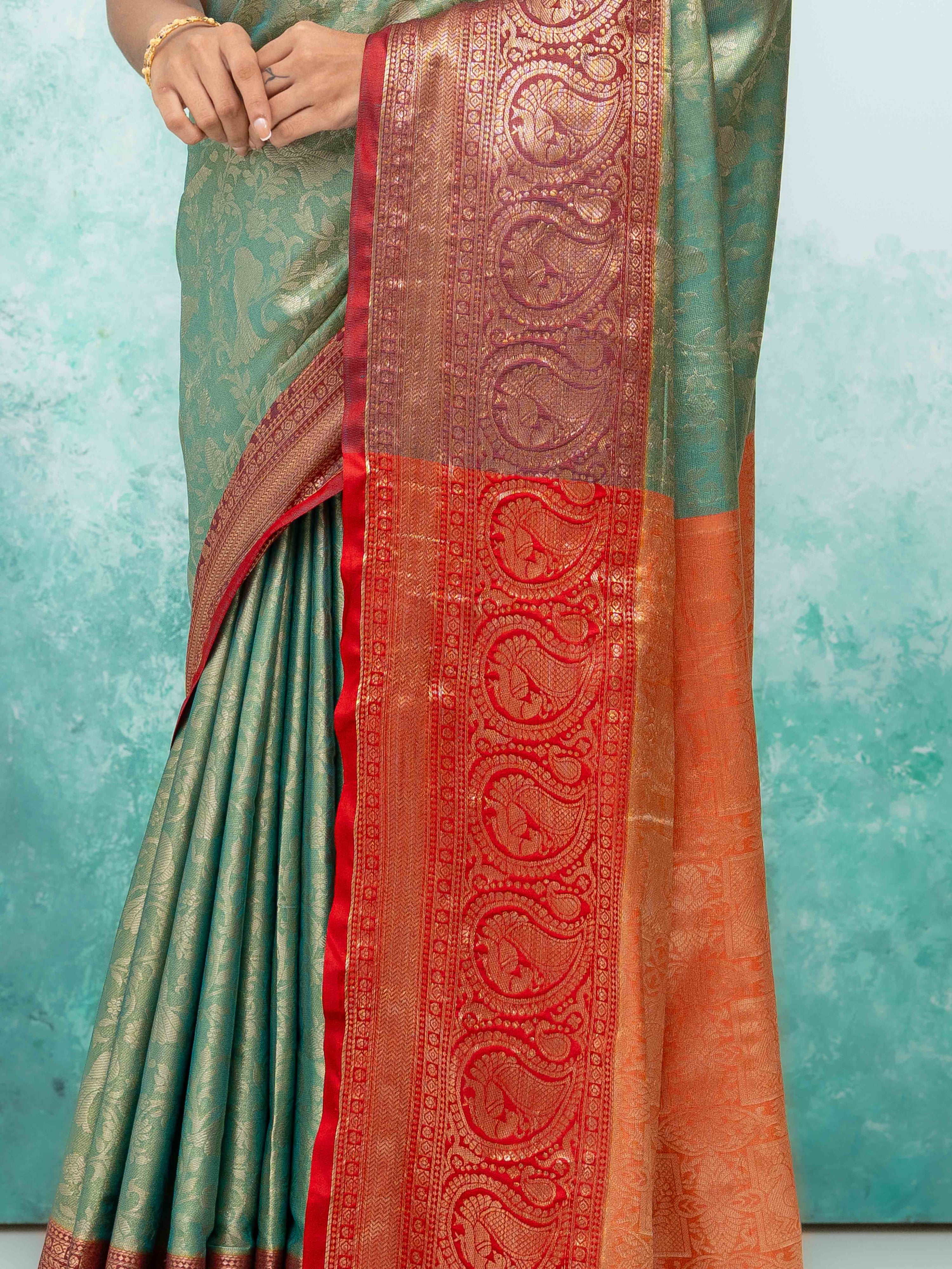 Pista Green & Red Banarasi Lichi Silk Saree