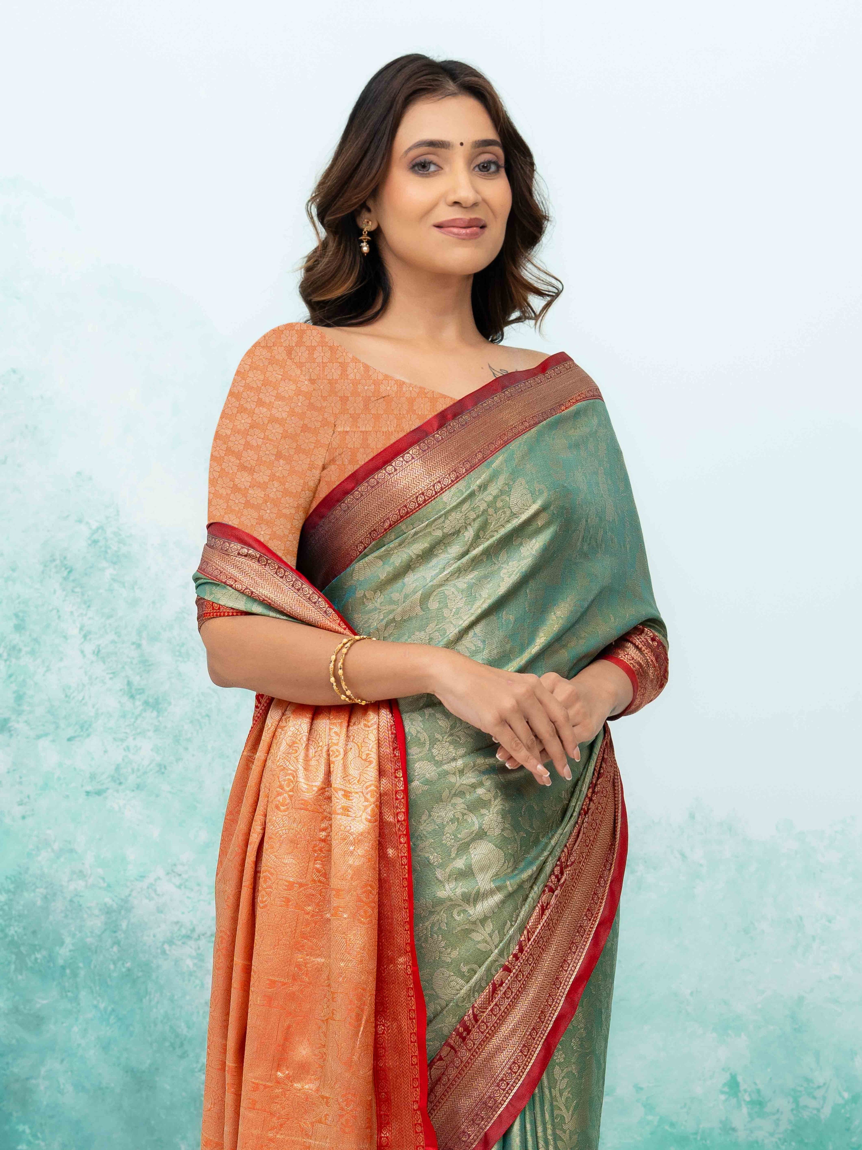 Pista Green & Red Banarasi Lichi Silk Saree