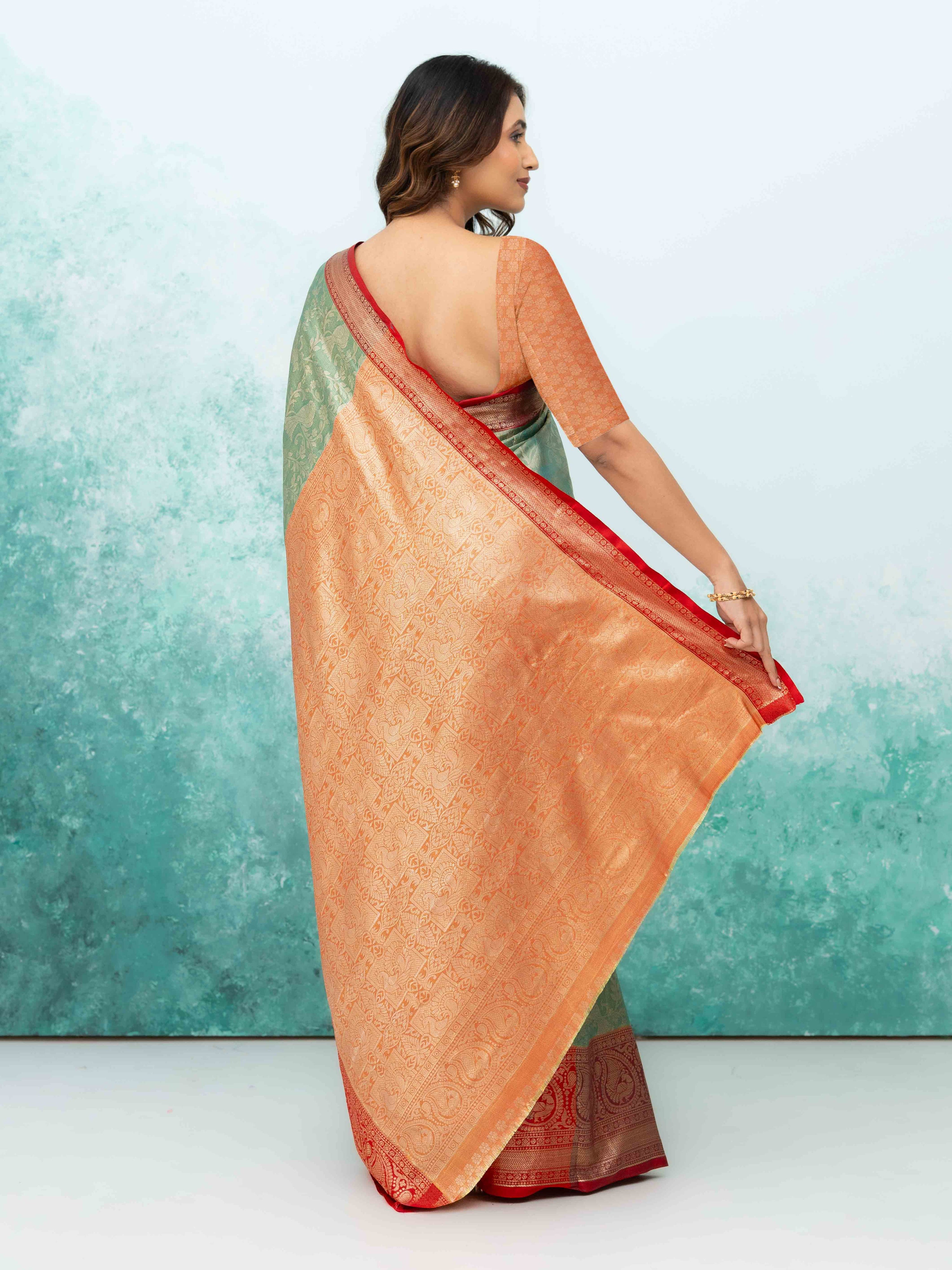 Pista Green & Red Banarasi Lichi Silk Saree