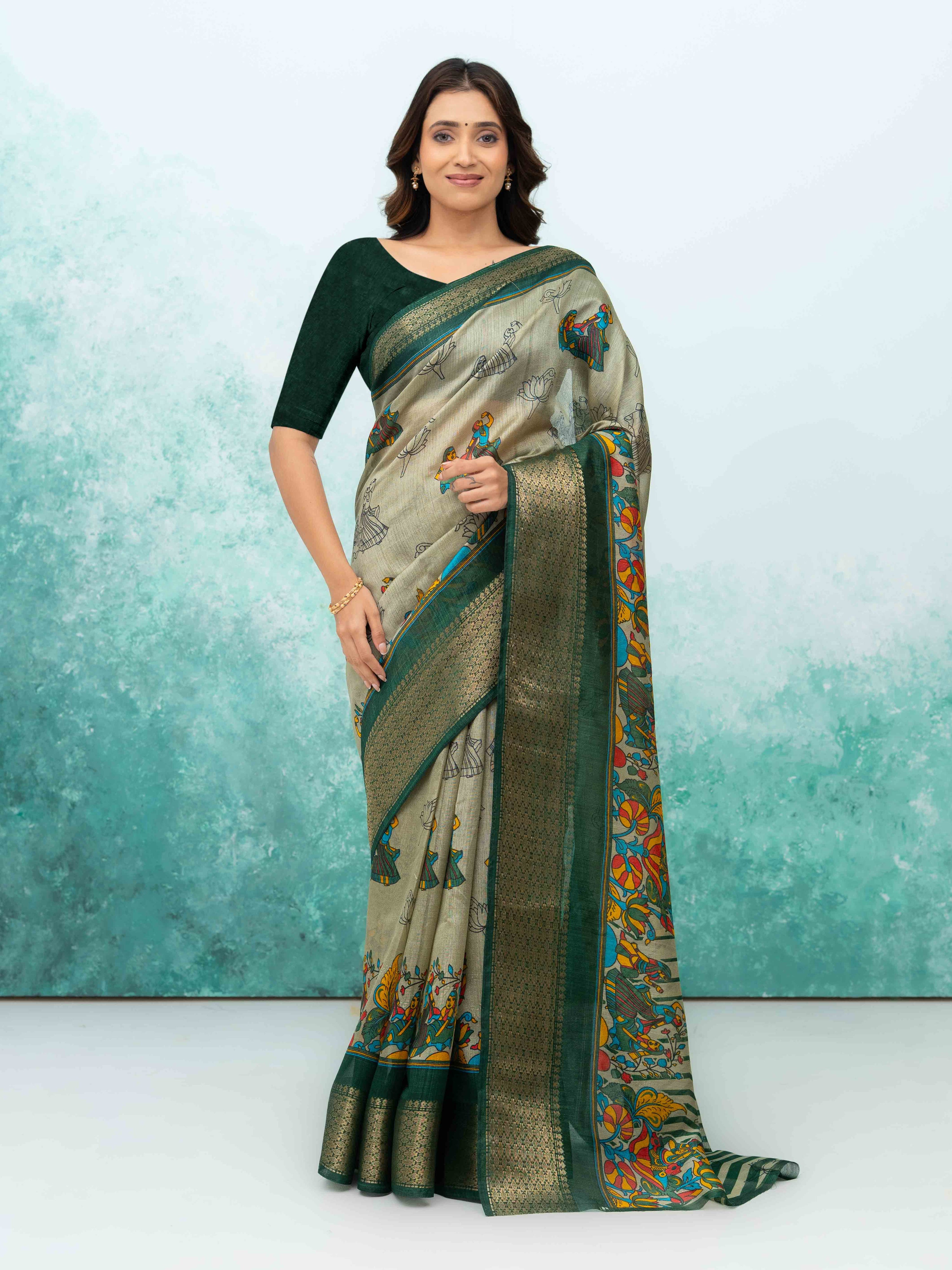 Gray & Green Poly Cotton Saree