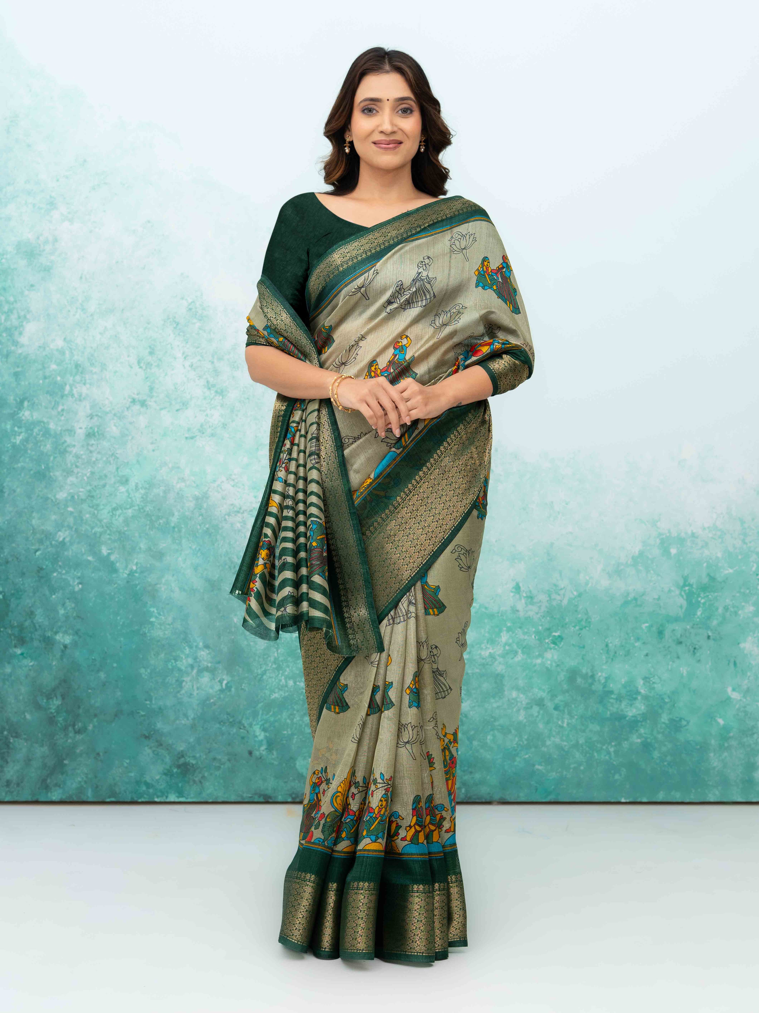 Gray & Green Poly Cotton Saree