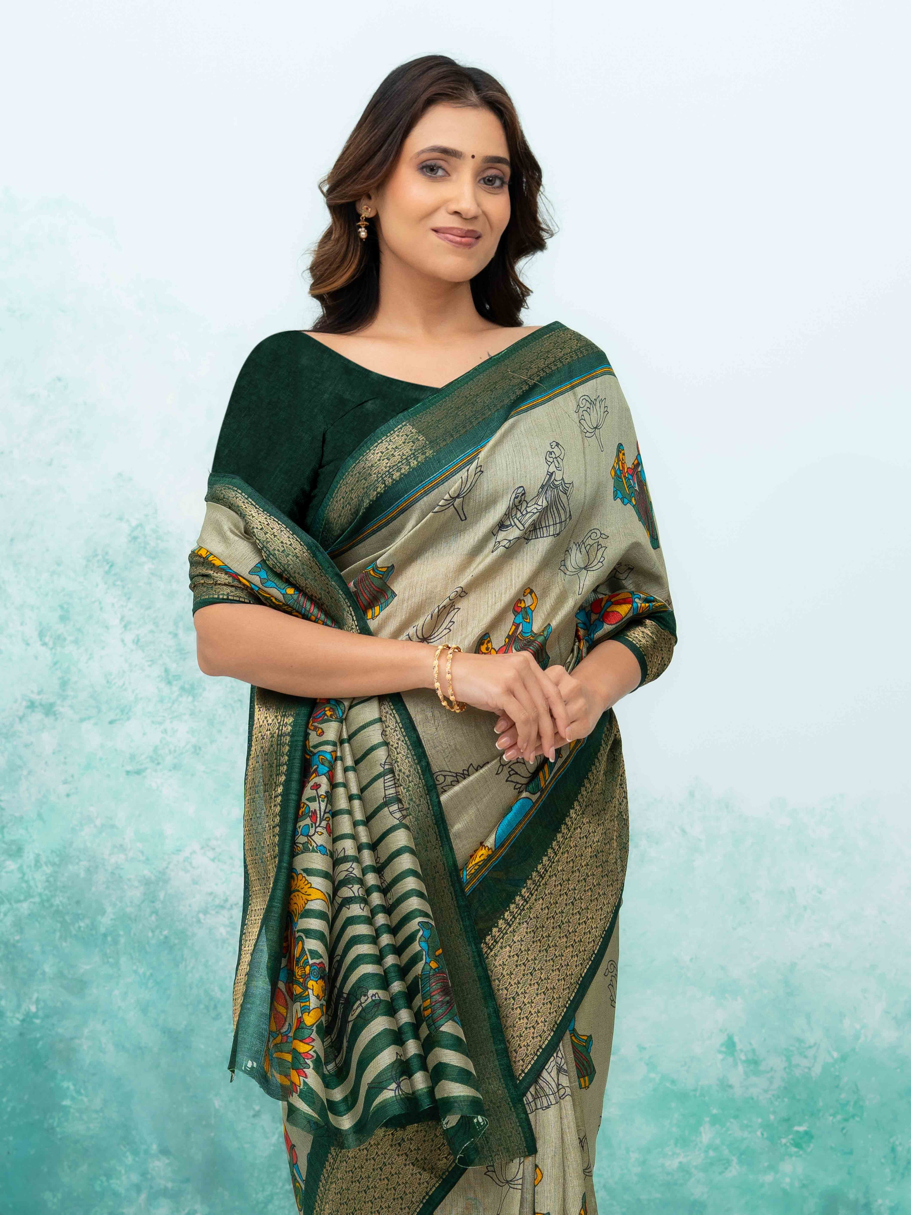 Gray & Green Poly Cotton Saree