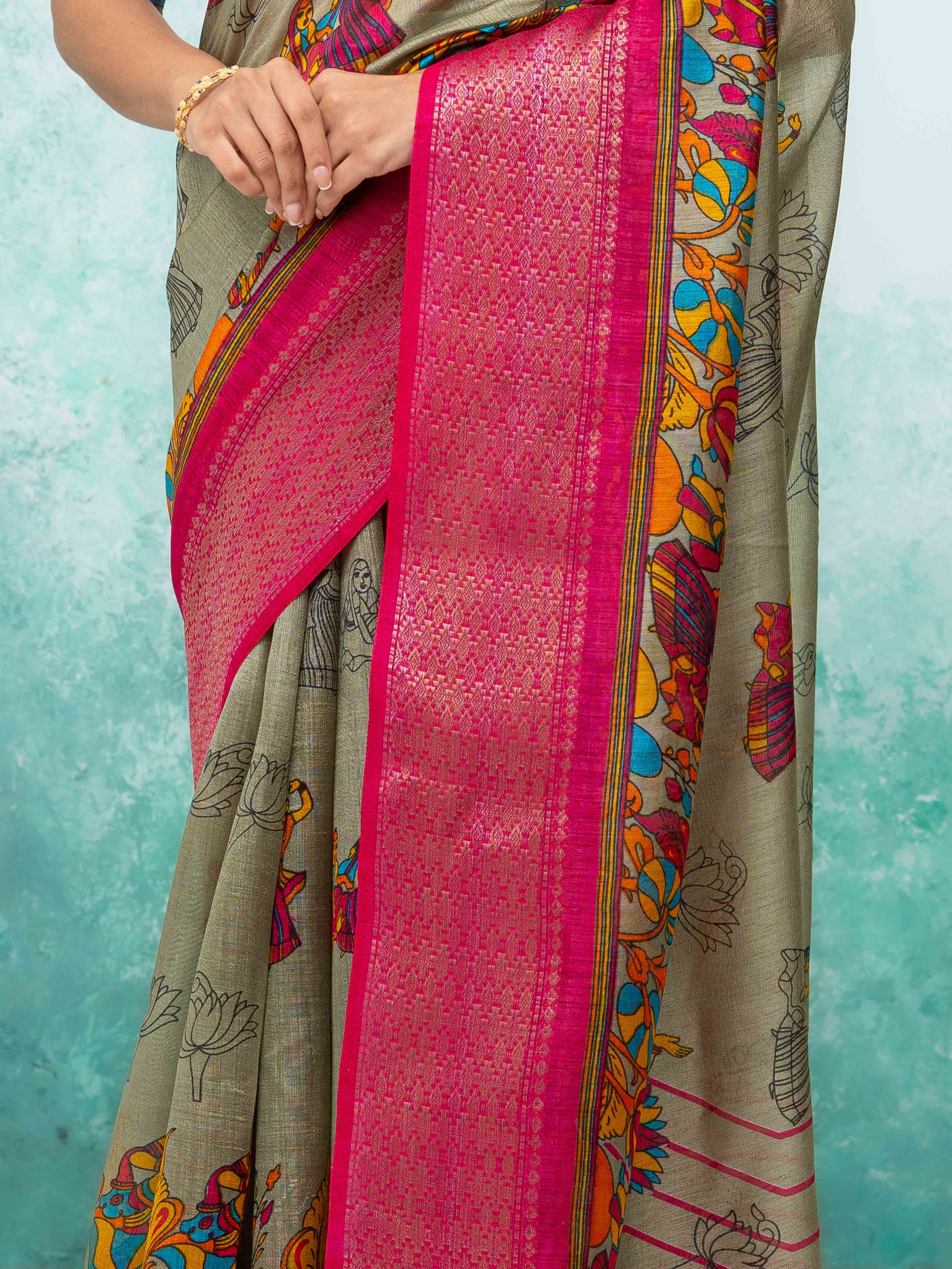 Gray & Pink Poly Cotton Saree
