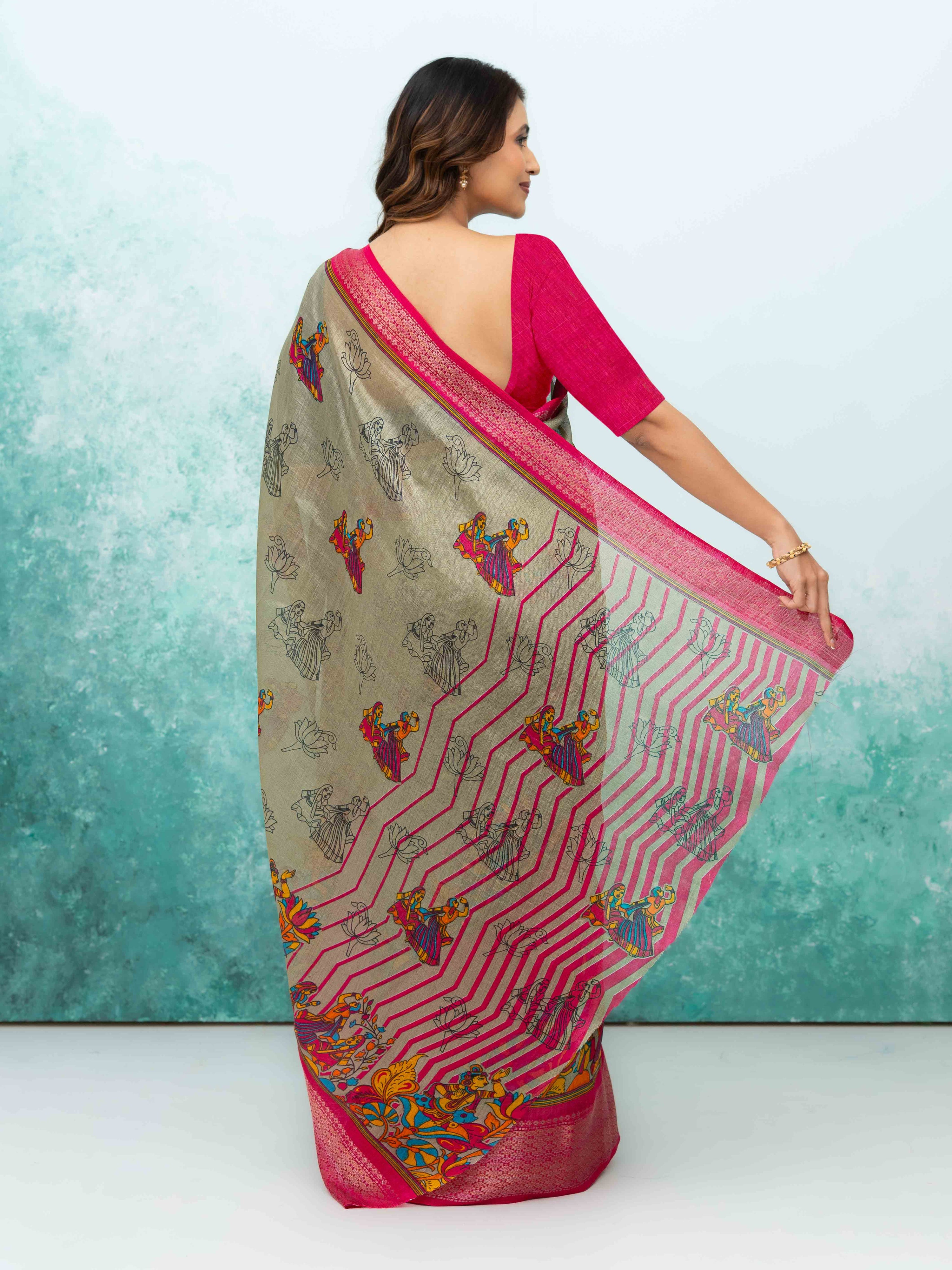 Gray & Pink Poly Cotton Saree