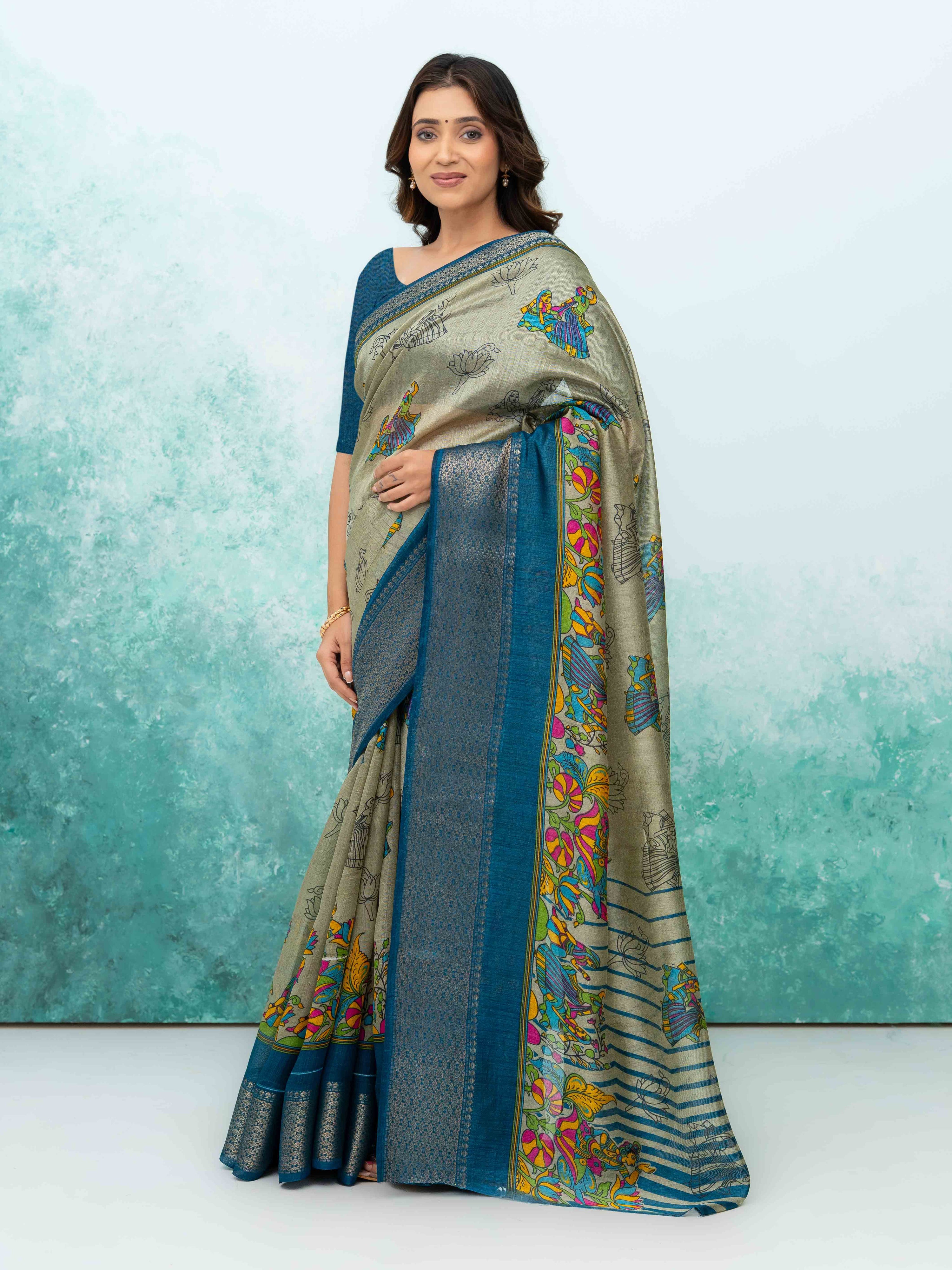 Gray & Teal Blue Poly Cotton Saree