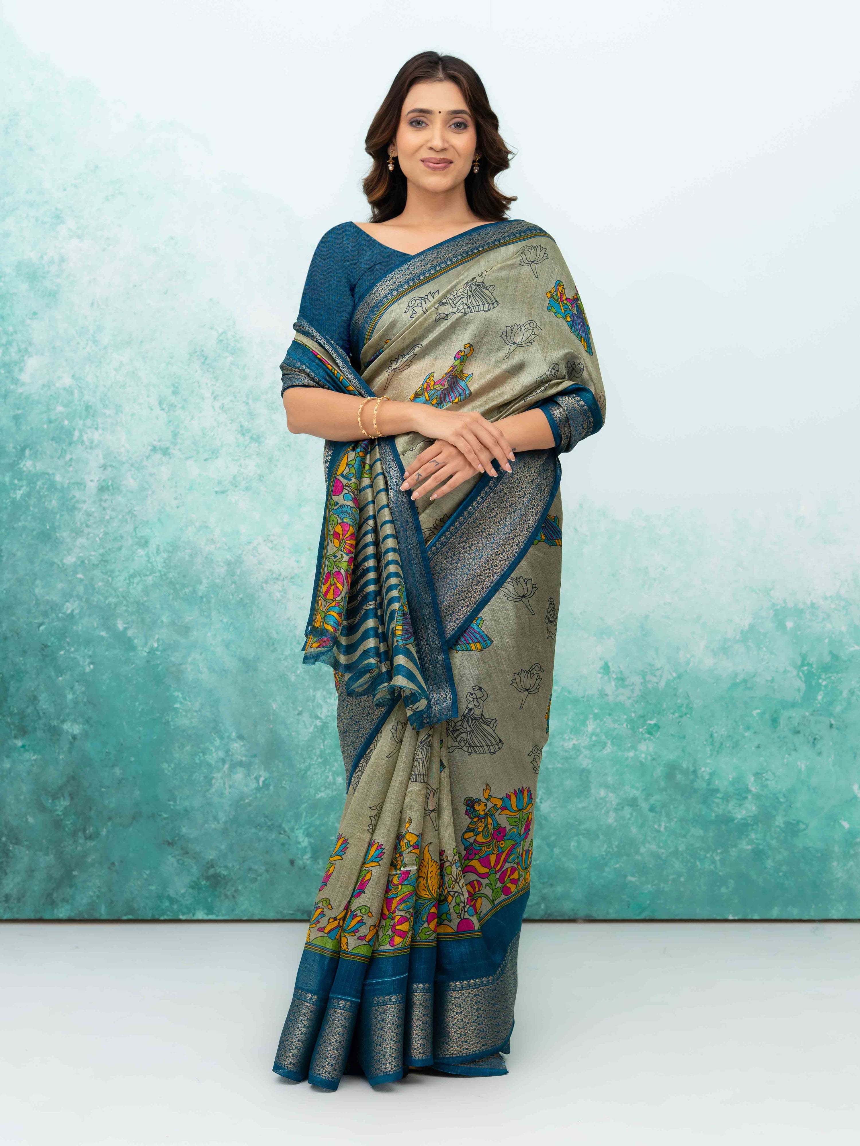 Gray & Teal Blue Poly Cotton Saree