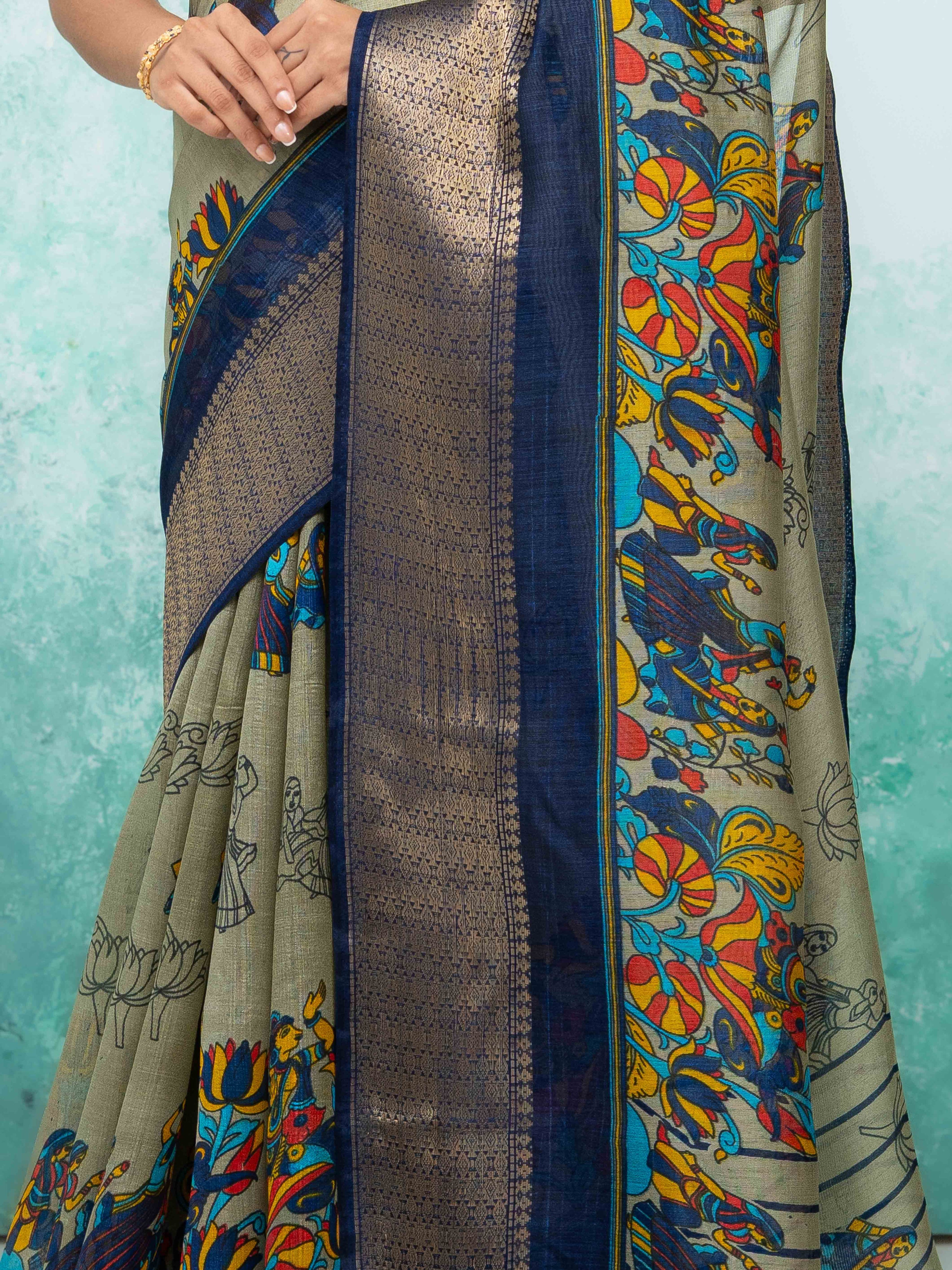 Gray & Navy Blue Poly Cotton Saree