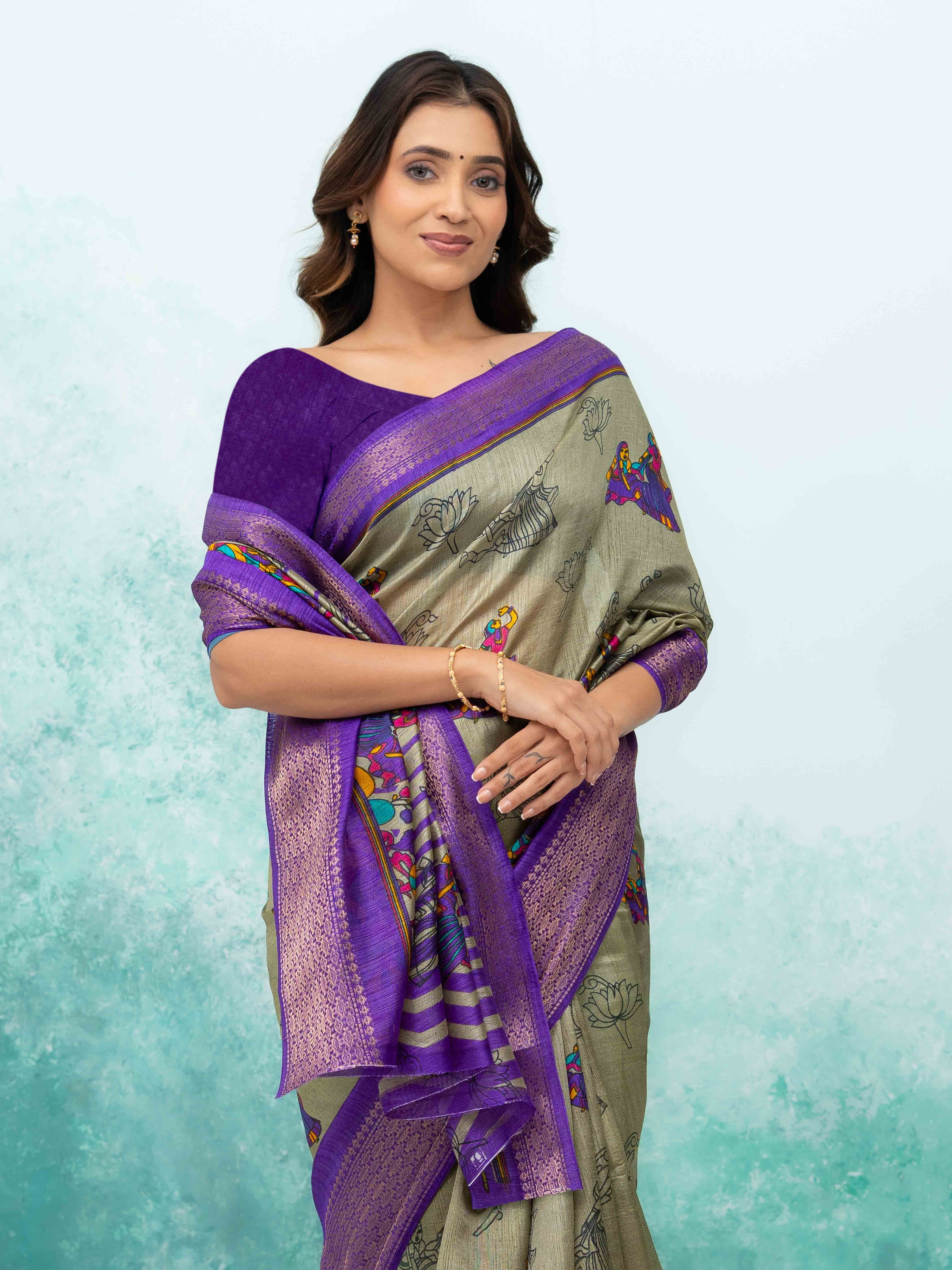 Gray & Purple Poly Cotton Saree