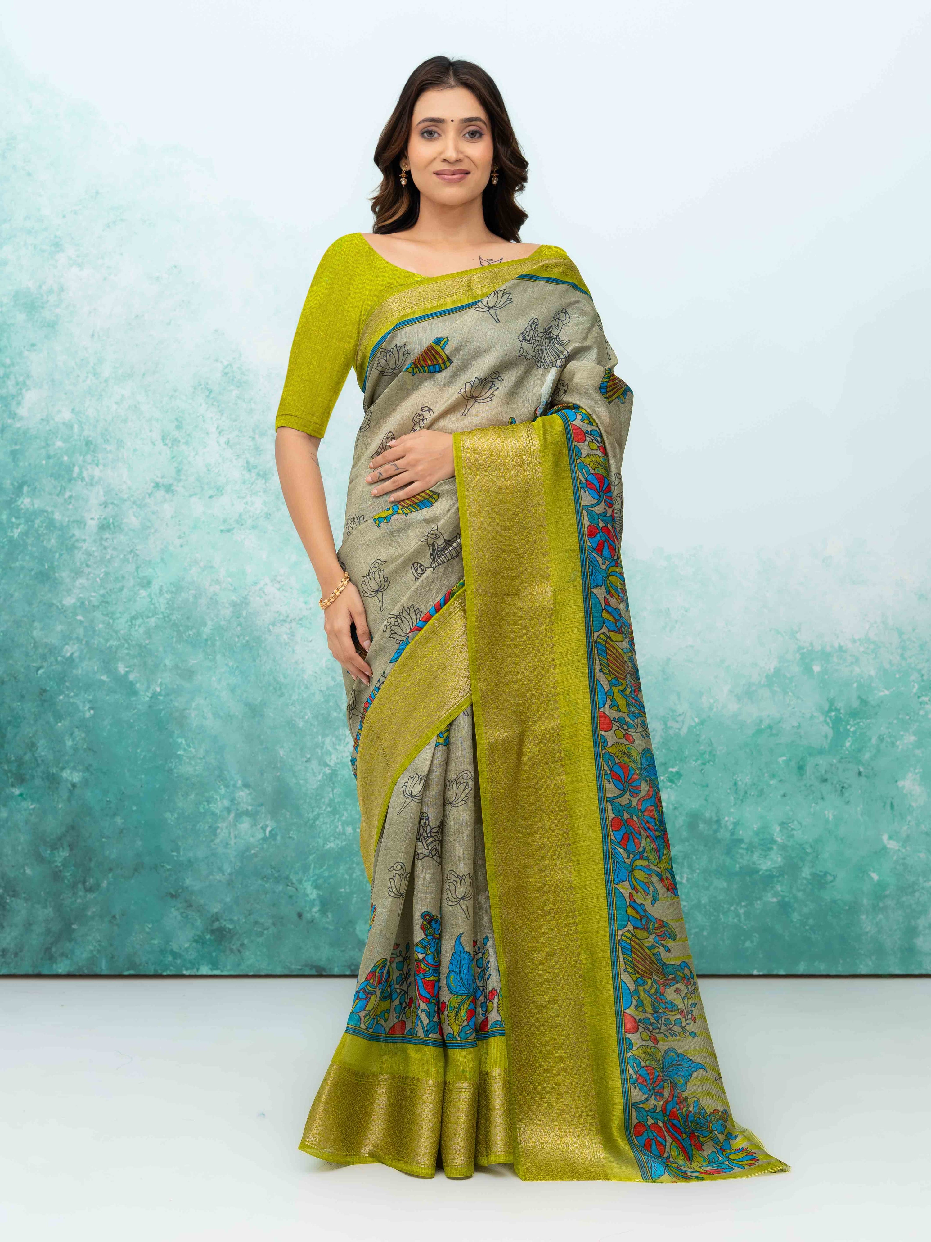 Gray & Olive Green Poly Cotton Saree