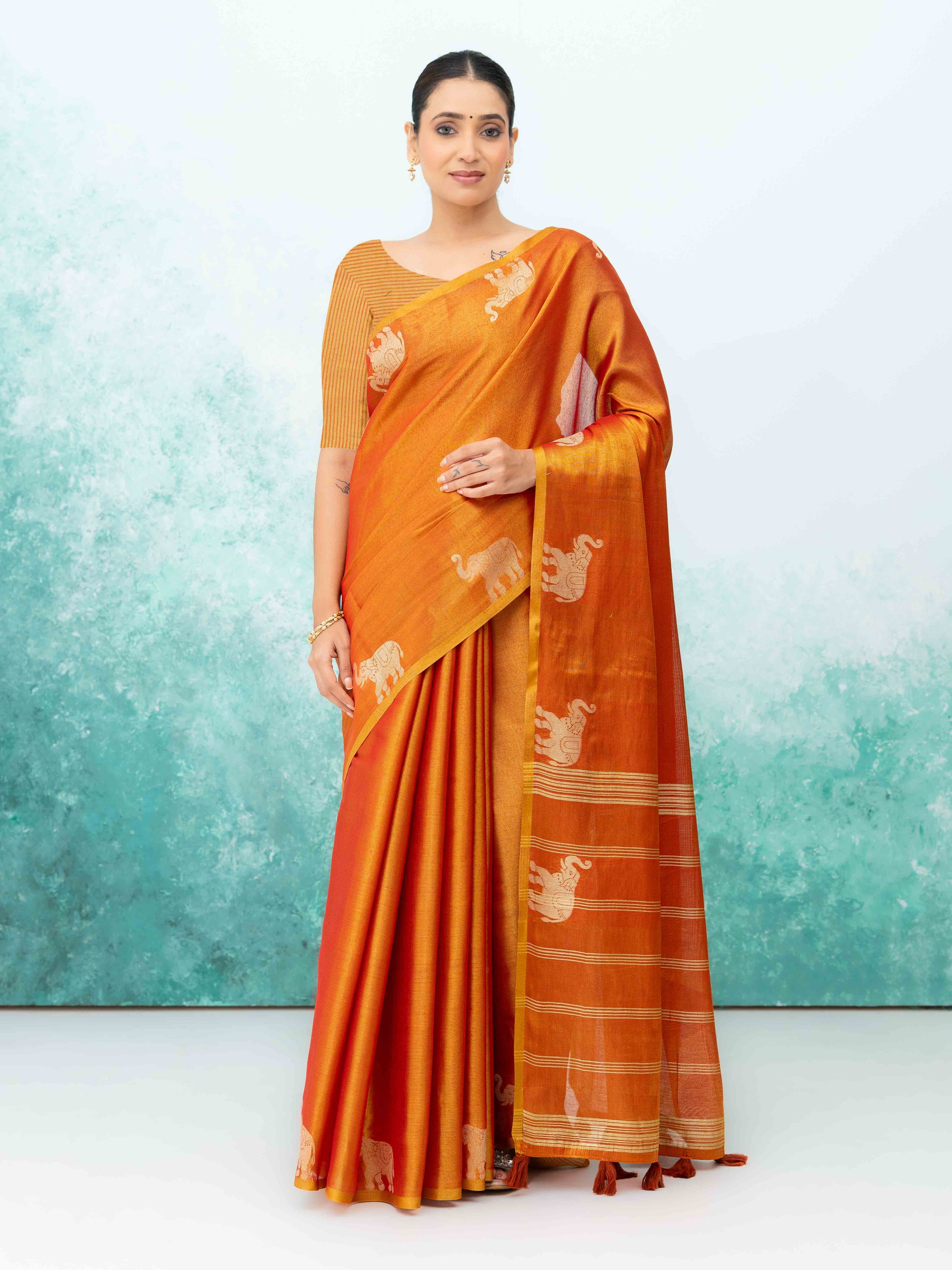 Orange Tusser Silk Saree
