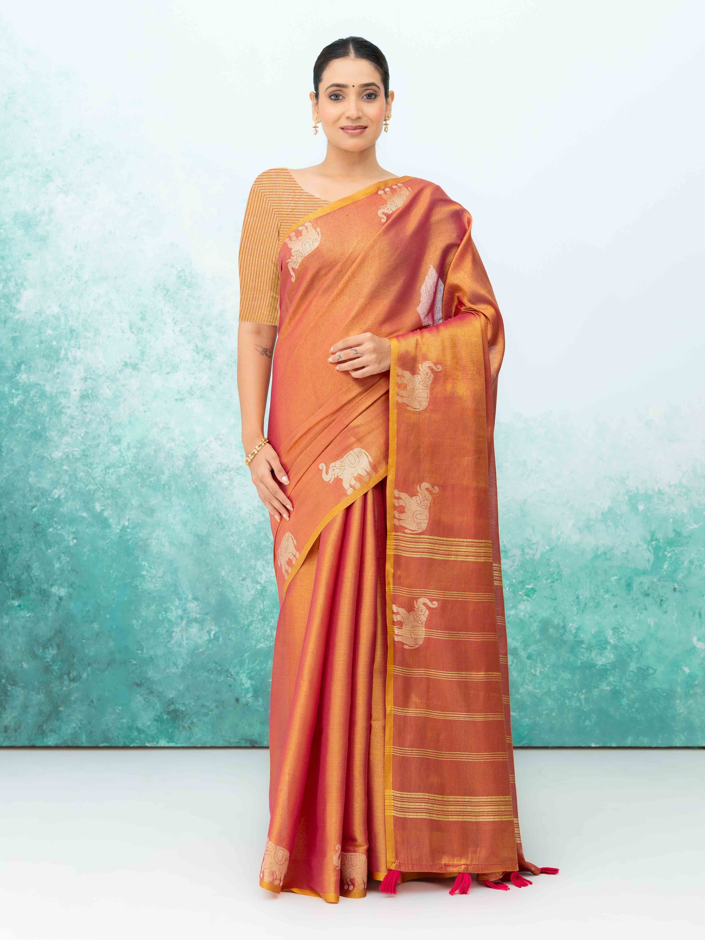 Rust Pink Tusser Silk Saree