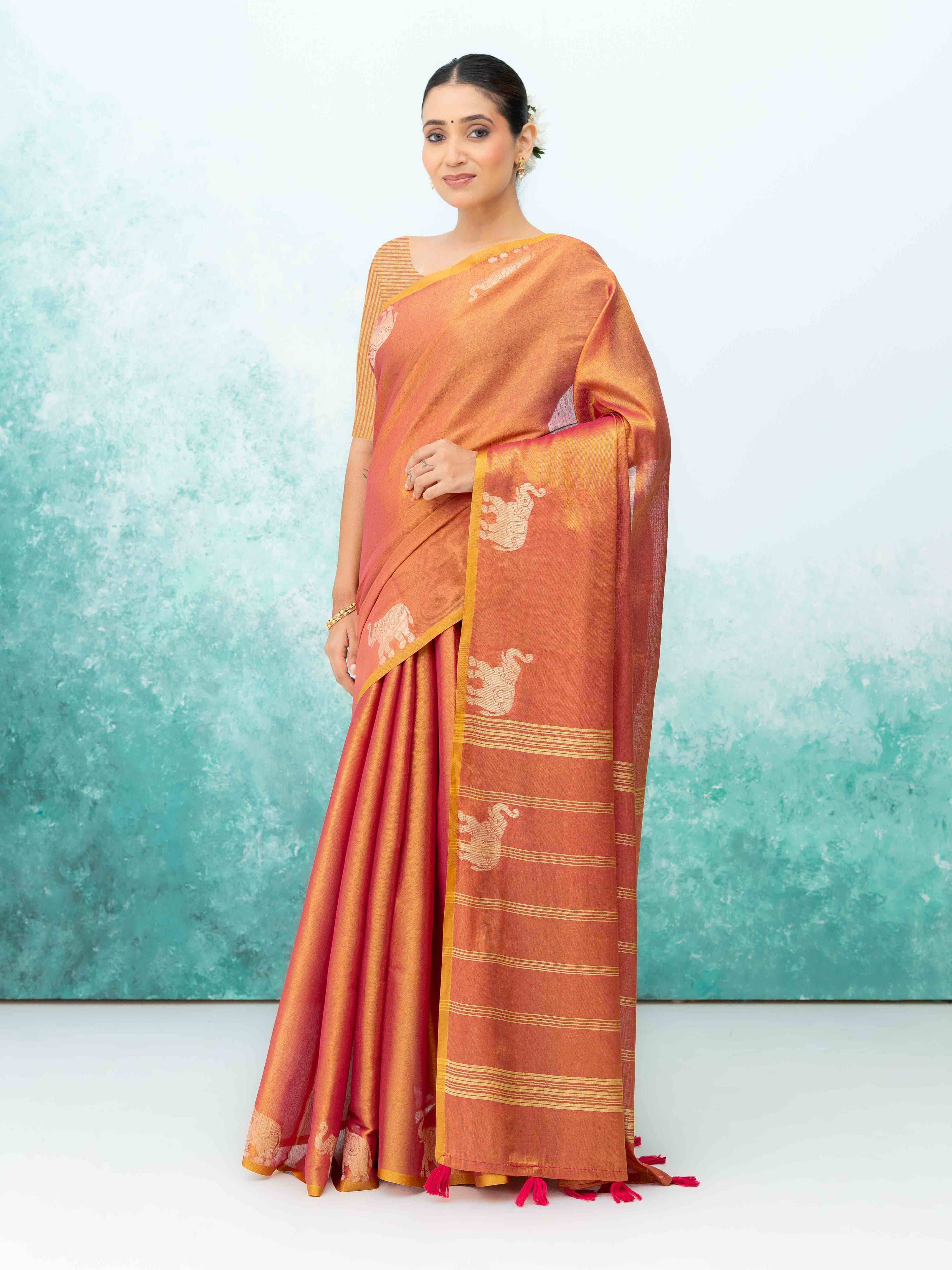 Rust Pink Tusser Silk Saree