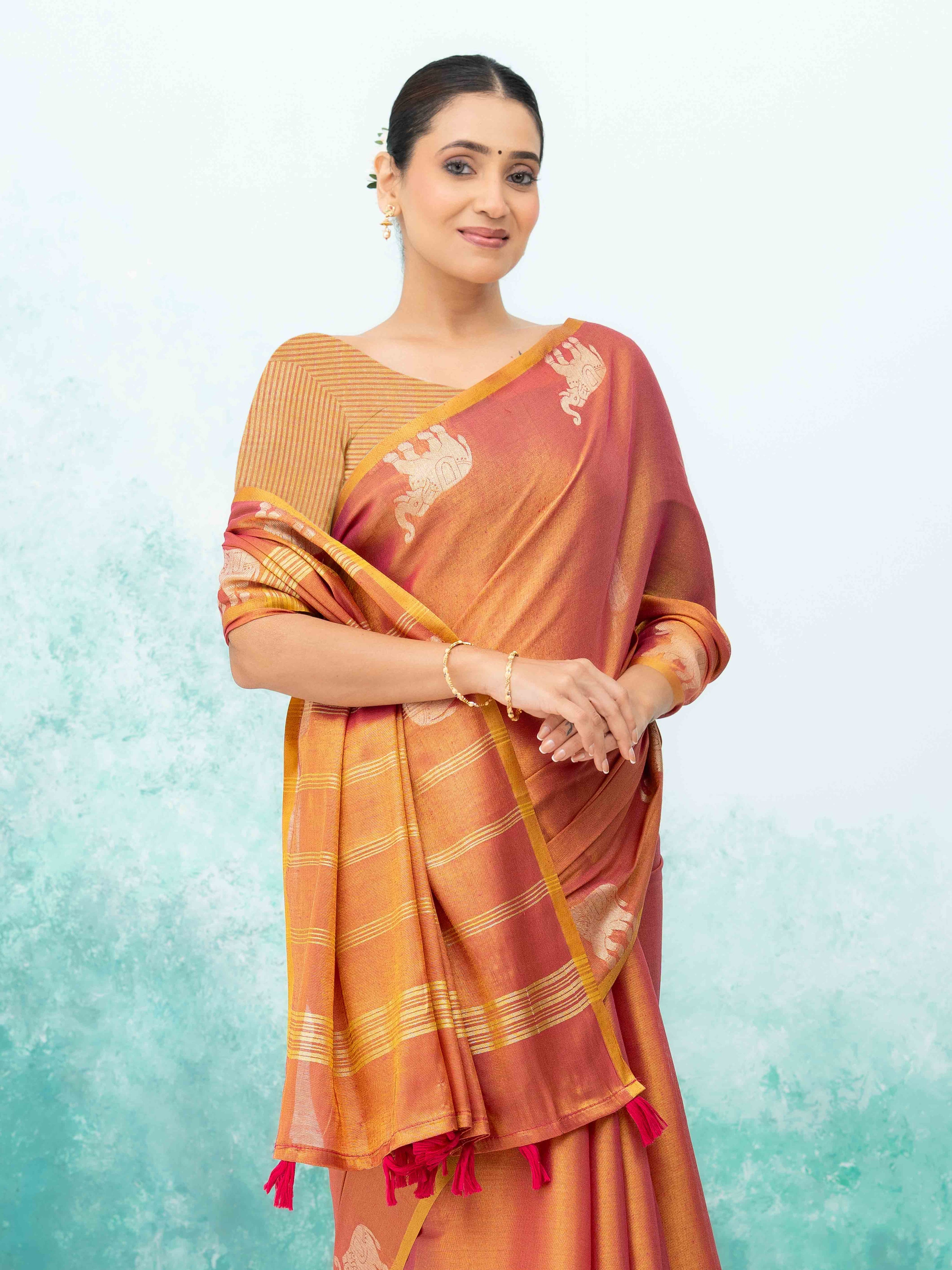 Rust Pink Tusser Silk Saree