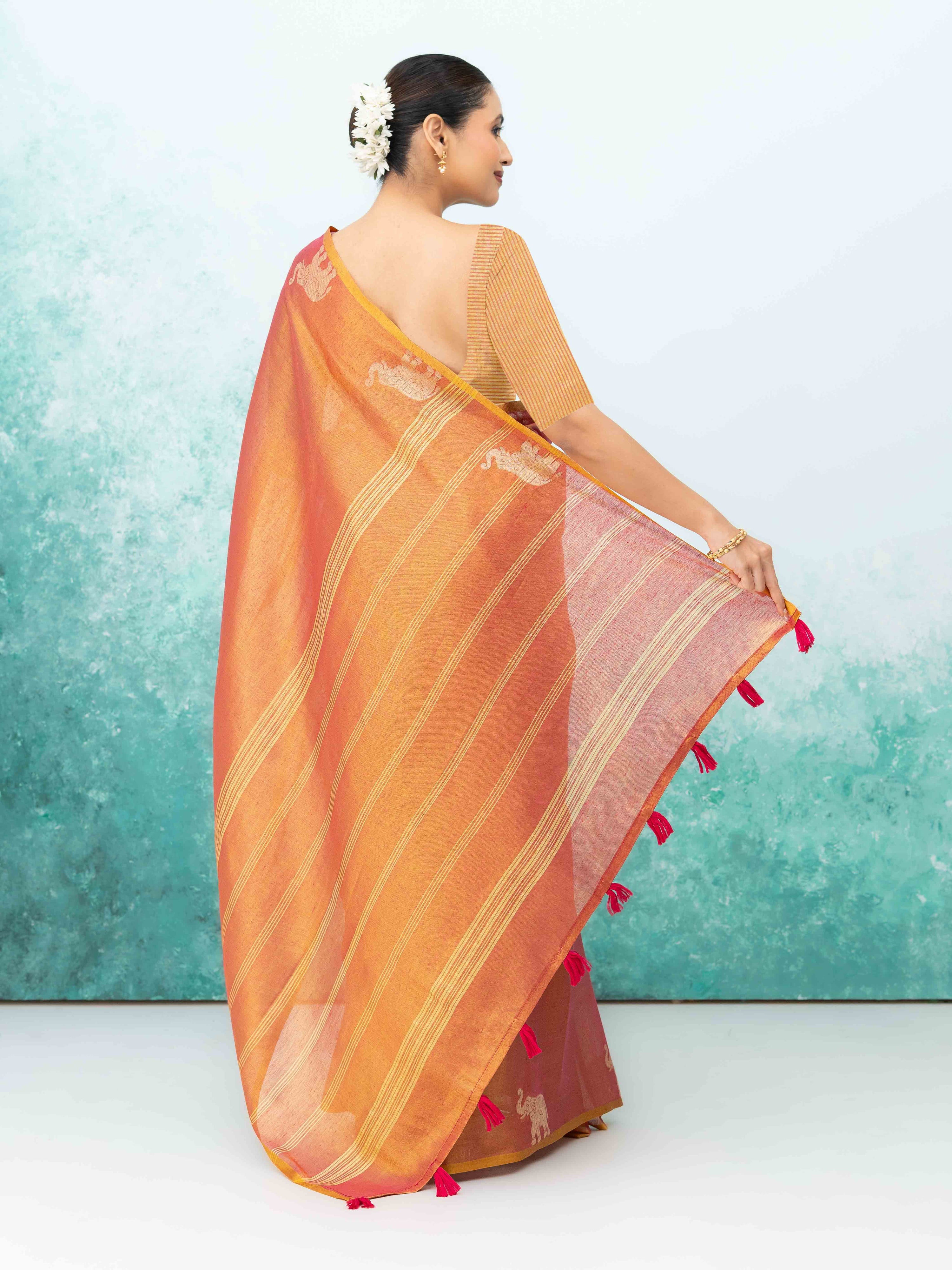 Rust Pink Tusser Silk Saree