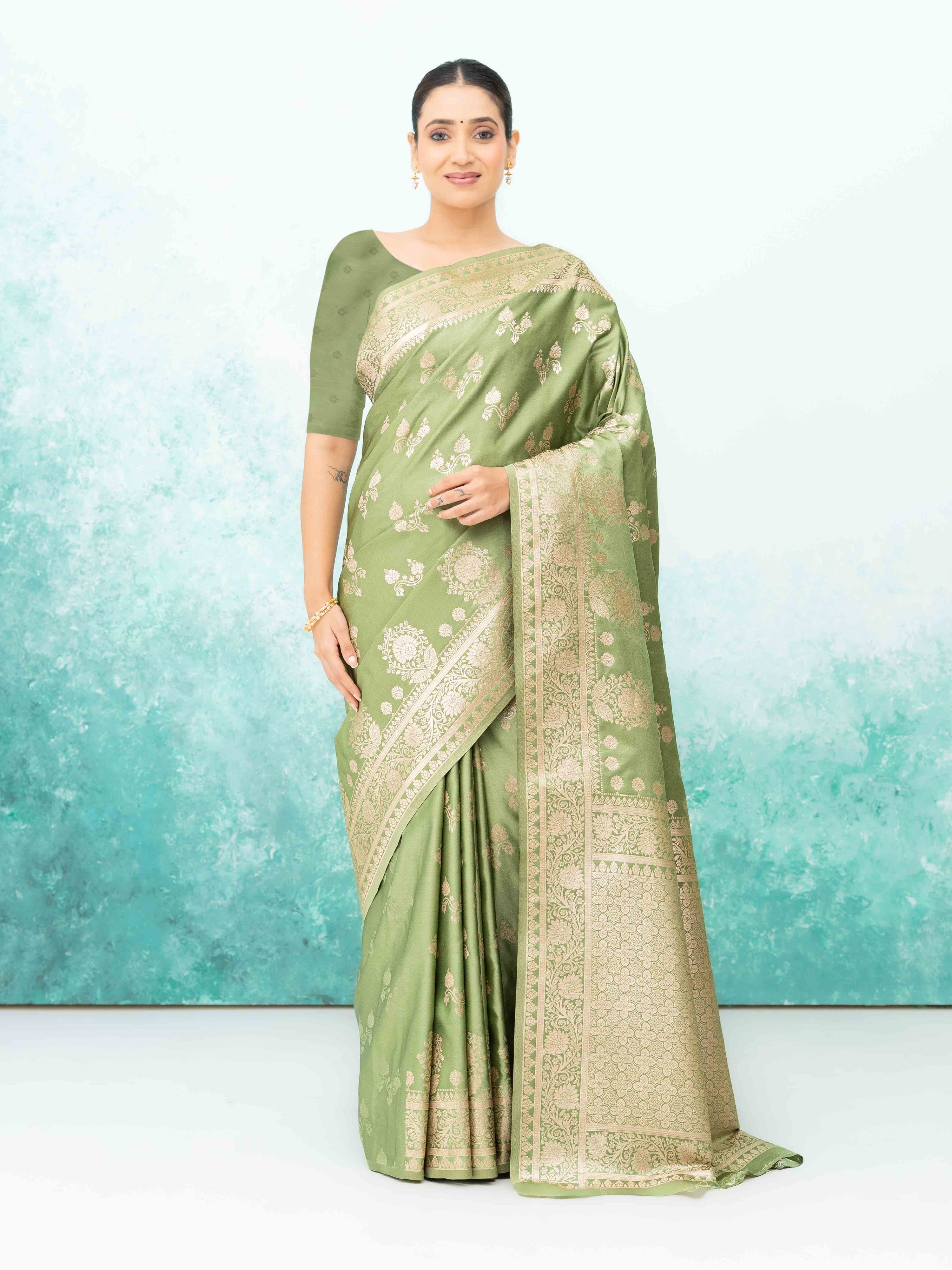Olive Green Banarasi Silk Saree