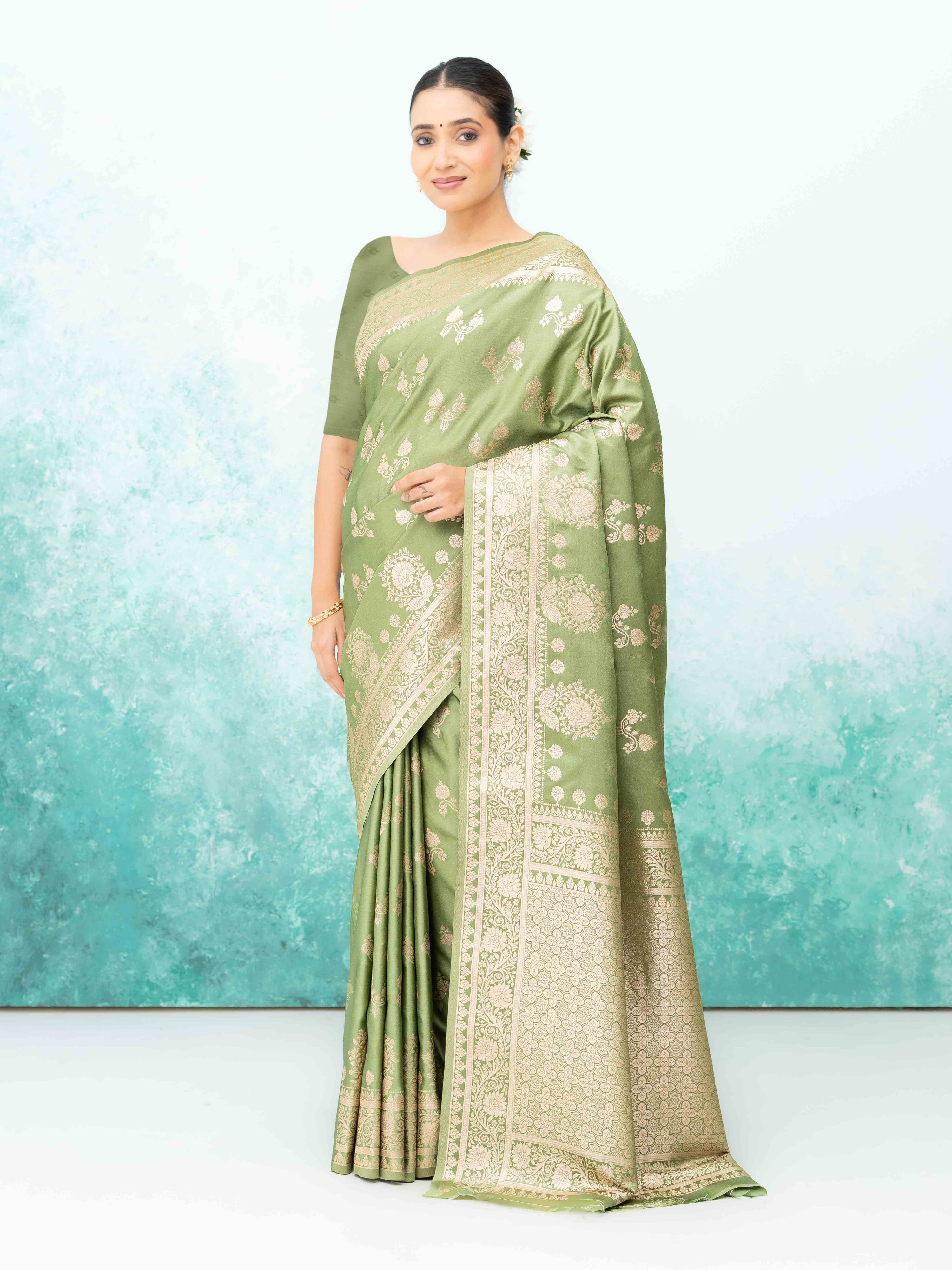 Olive Green Banarasi Silk Saree