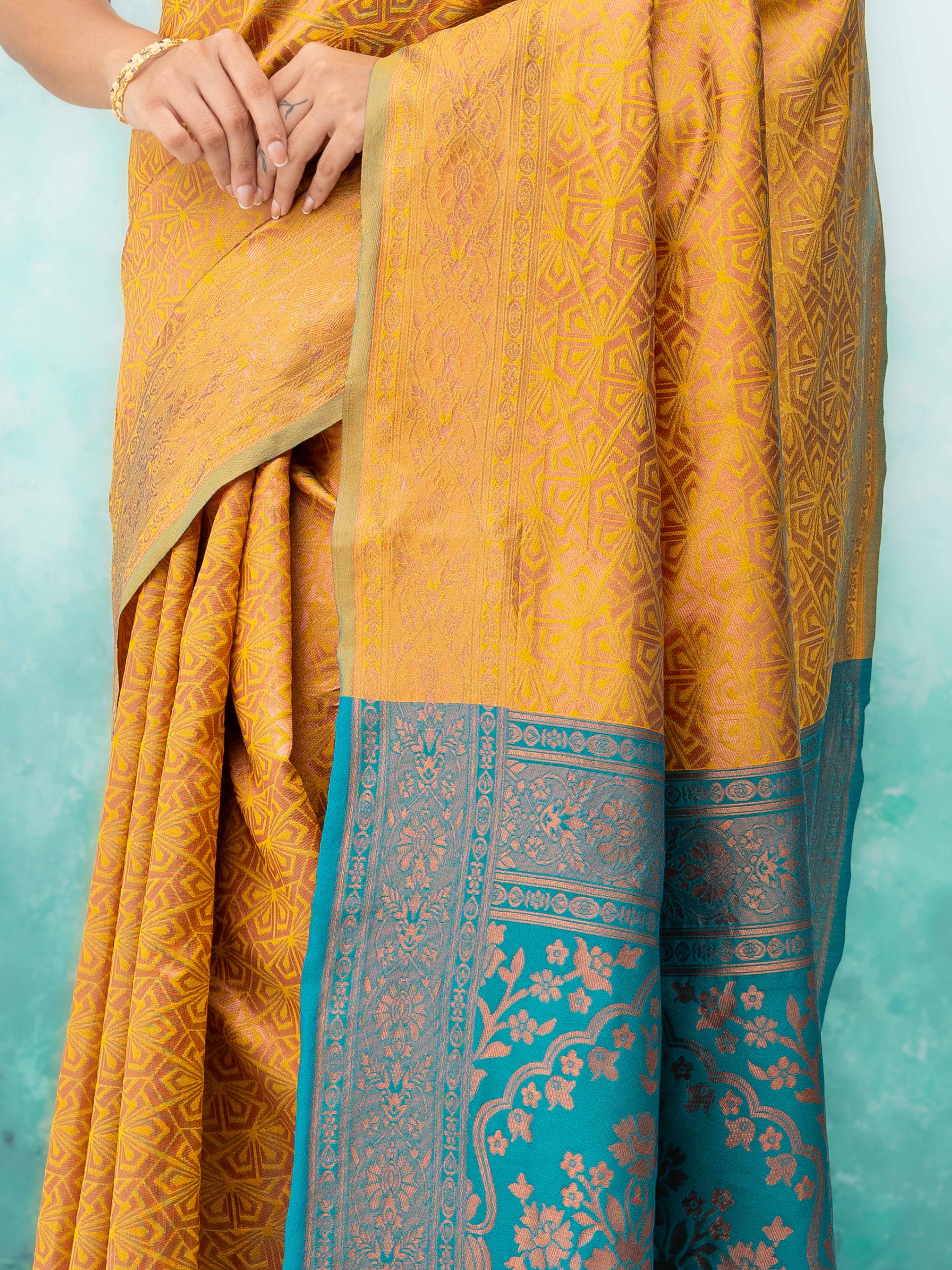 Yellow & Teal Poly Silk Saree