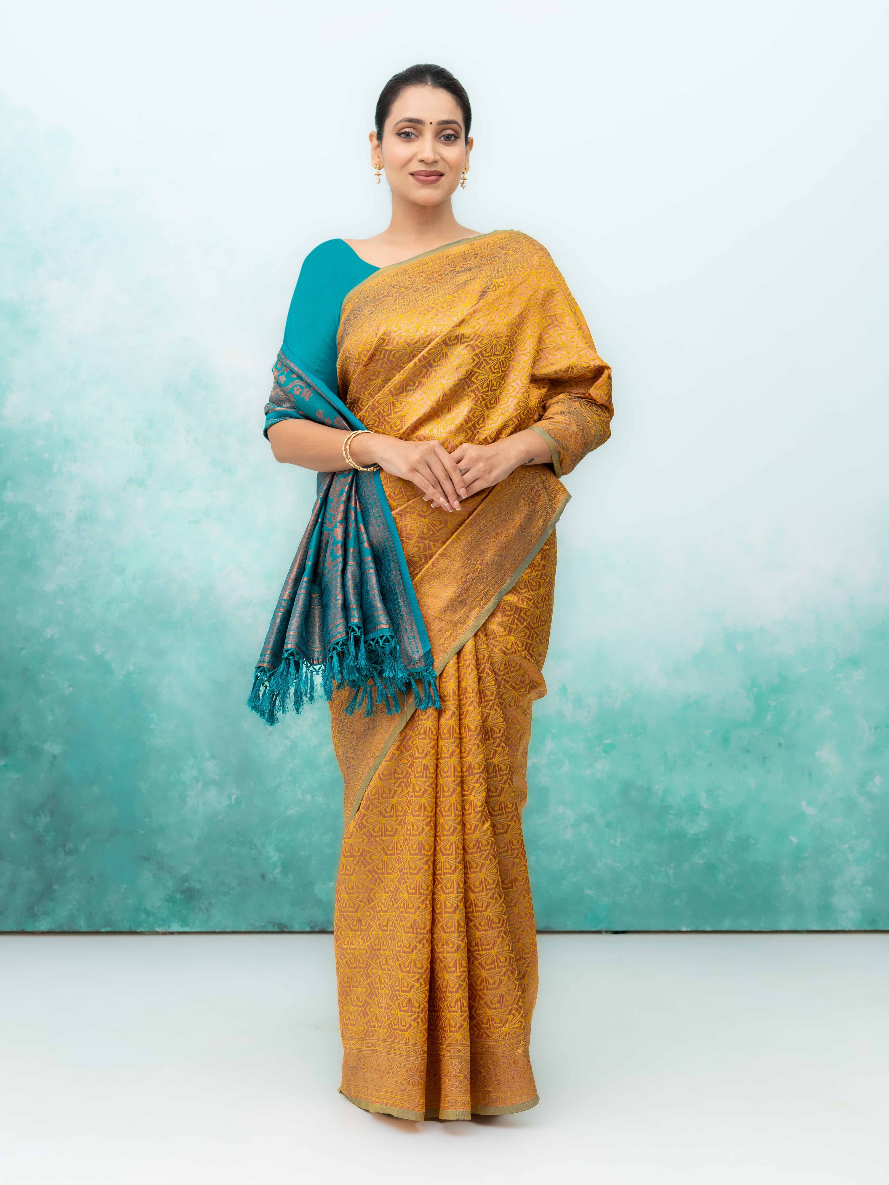 Yellow & Teal Poly Silk Saree